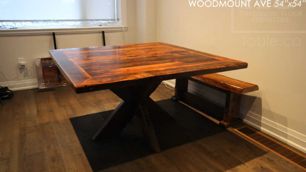 54" x 54" Square Reclaimed Wood Table we made for a Toronto home - X Shaped Base - Hemlock Threshing Floor 2" Construction - Original edges & distressing maintained - Premium epoxy + satin polyurethane finish - www.table.ca