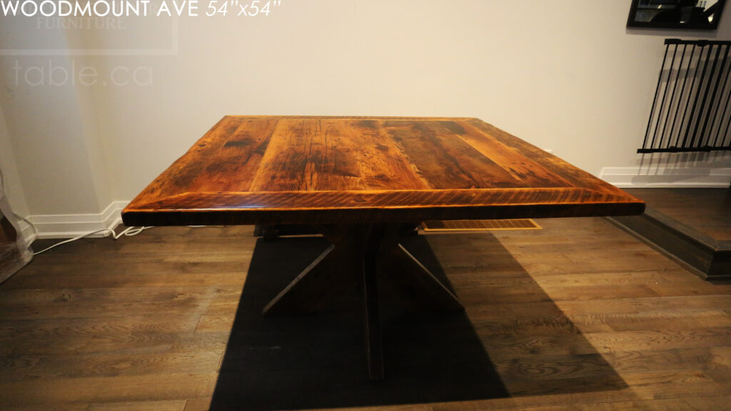 54" x 54" Square Reclaimed Wood Table we made for a Toronto home - X Shaped Base - Hemlock Threshing Floor 2" Construction - Original edges & distressing maintained - Premium epoxy + satin polyurethane finish - www.table.ca