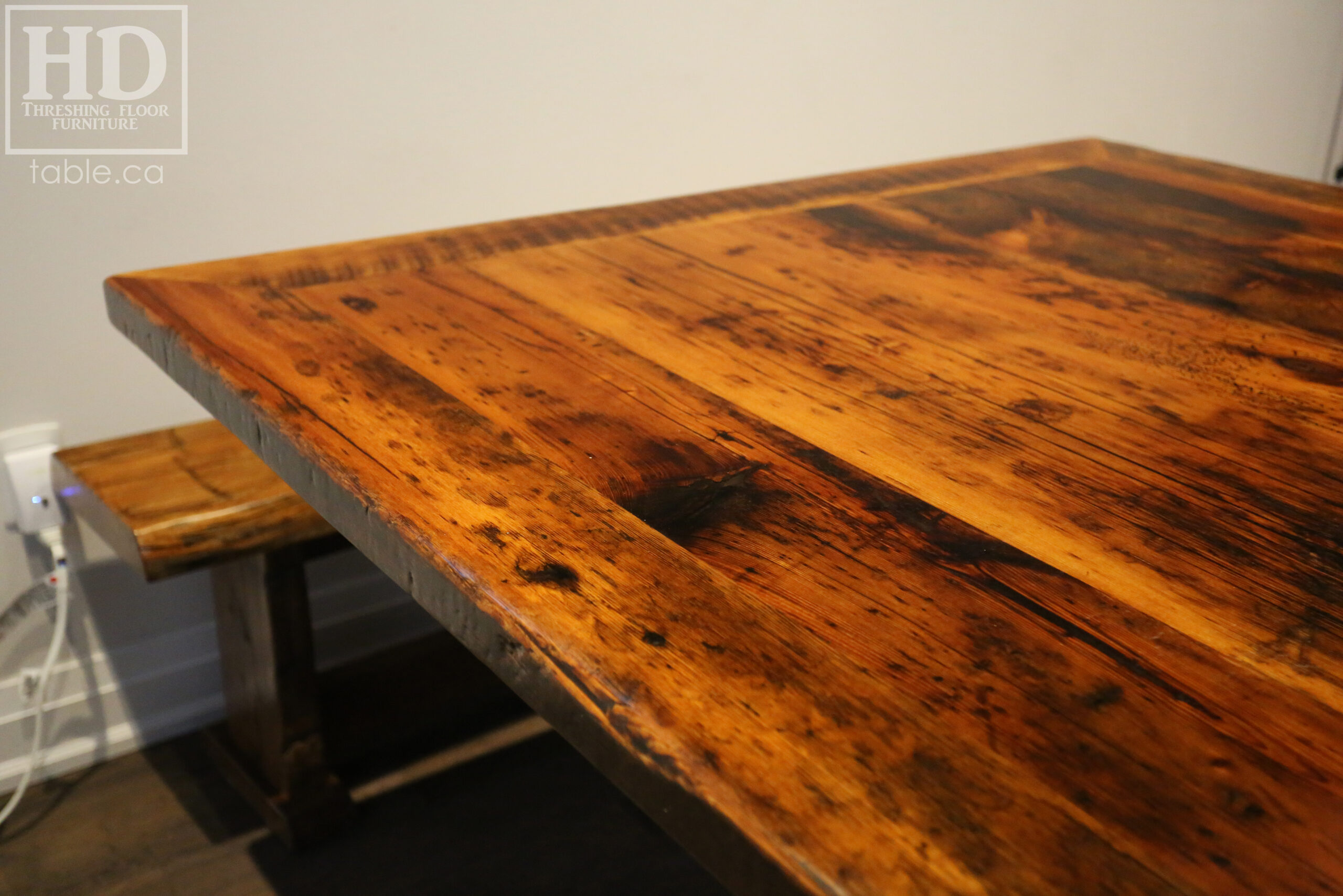 54" x 54" Square Reclaimed Wood Table we made for a Toronto home - X Shaped Base - Hemlock Threshing Floor 2" Construction - Original edges & distressing maintained - Premium epoxy + satin polyurethane finish - www.table.ca