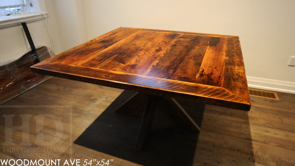 54" x 54" Square Reclaimed Wood Table we made for a Toronto home - X Shaped Base - Hemlock Threshing Floor 2" Construction - Original edges & distressing maintained - Premium epoxy + satin polyurethane finish - www.table.ca