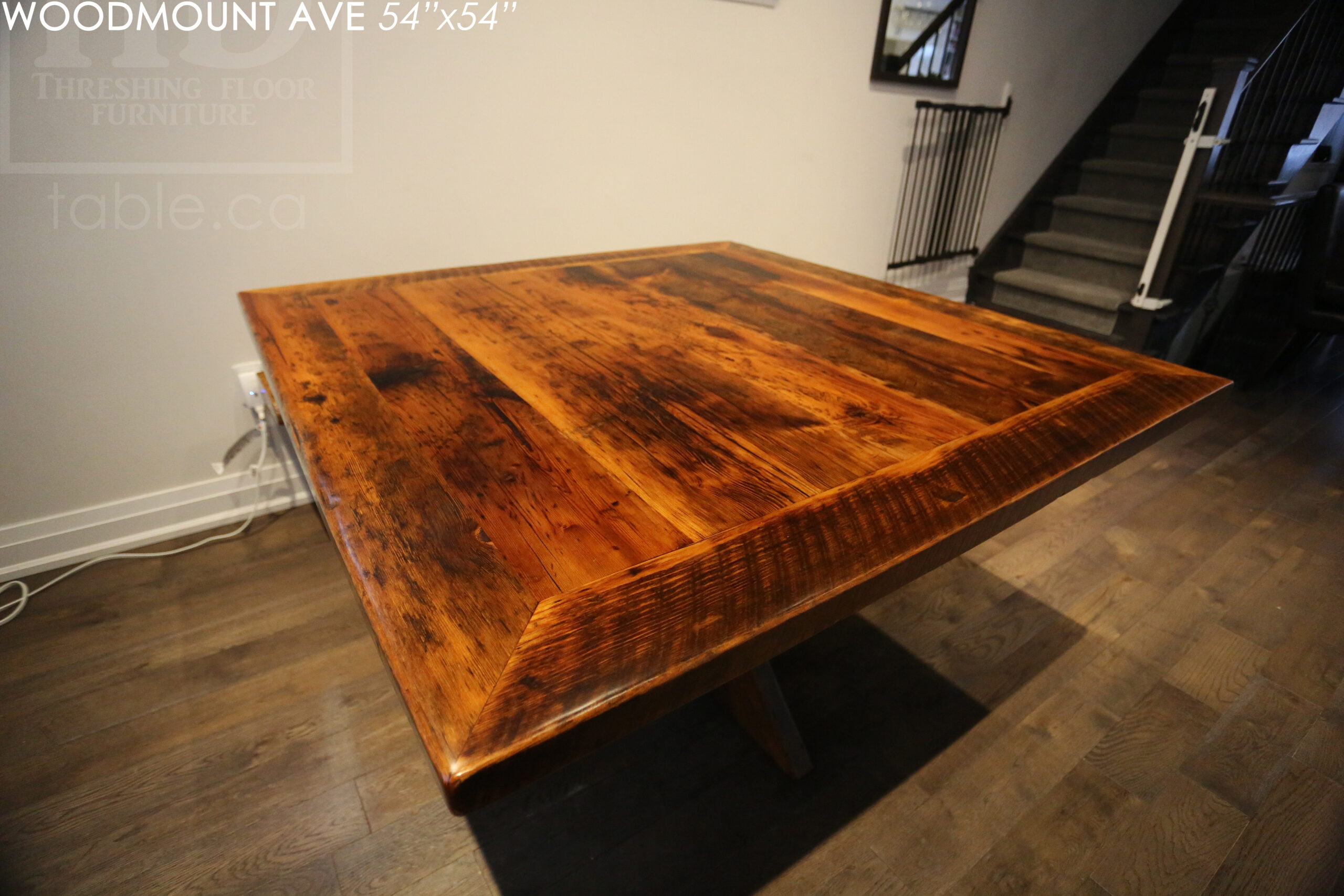 54" x 54" Square Reclaimed Wood Table we made for a Toronto home - X Shaped Base - Hemlock Threshing Floor 2" Construction - Original edges & distressing maintained - Premium epoxy + satin polyurethane finish - www.table.ca