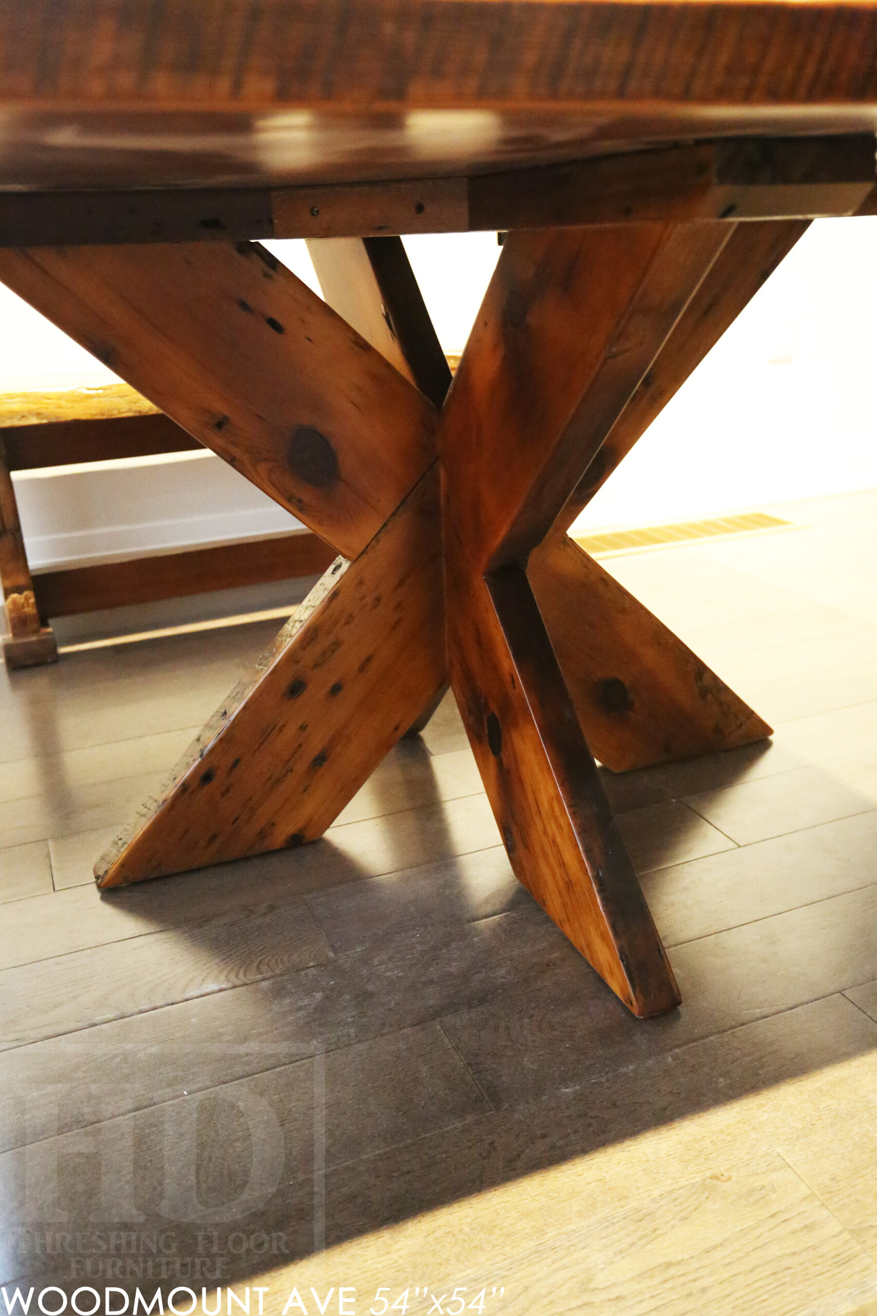 54" x 54" Square Reclaimed Wood Table we made for a Toronto home - X Shaped Base - Hemlock Threshing Floor 2" Construction - Original edges & distressing maintained - Premium epoxy + satin polyurethane finish - www.table.ca