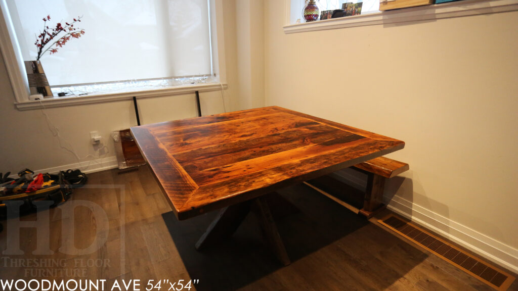 54" x 54" Square Reclaimed Wood Table we made for a Toronto home - X Shaped Base - Hemlock Threshing Floor 2" Construction - Original edges & distressing maintained - Premium epoxy + satin polyurethane finish - www.table.ca