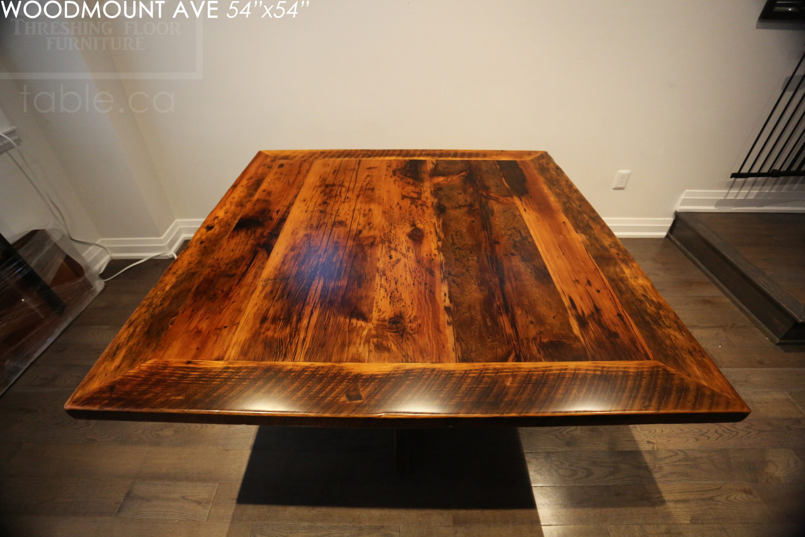 54" x 54" Square Reclaimed Wood Table we made for a Toronto home - X Shaped Base - Hemlock Threshing Floor 2" Construction - Original edges & distressing maintained - Premium epoxy + satin polyurethane finish - www.table.ca