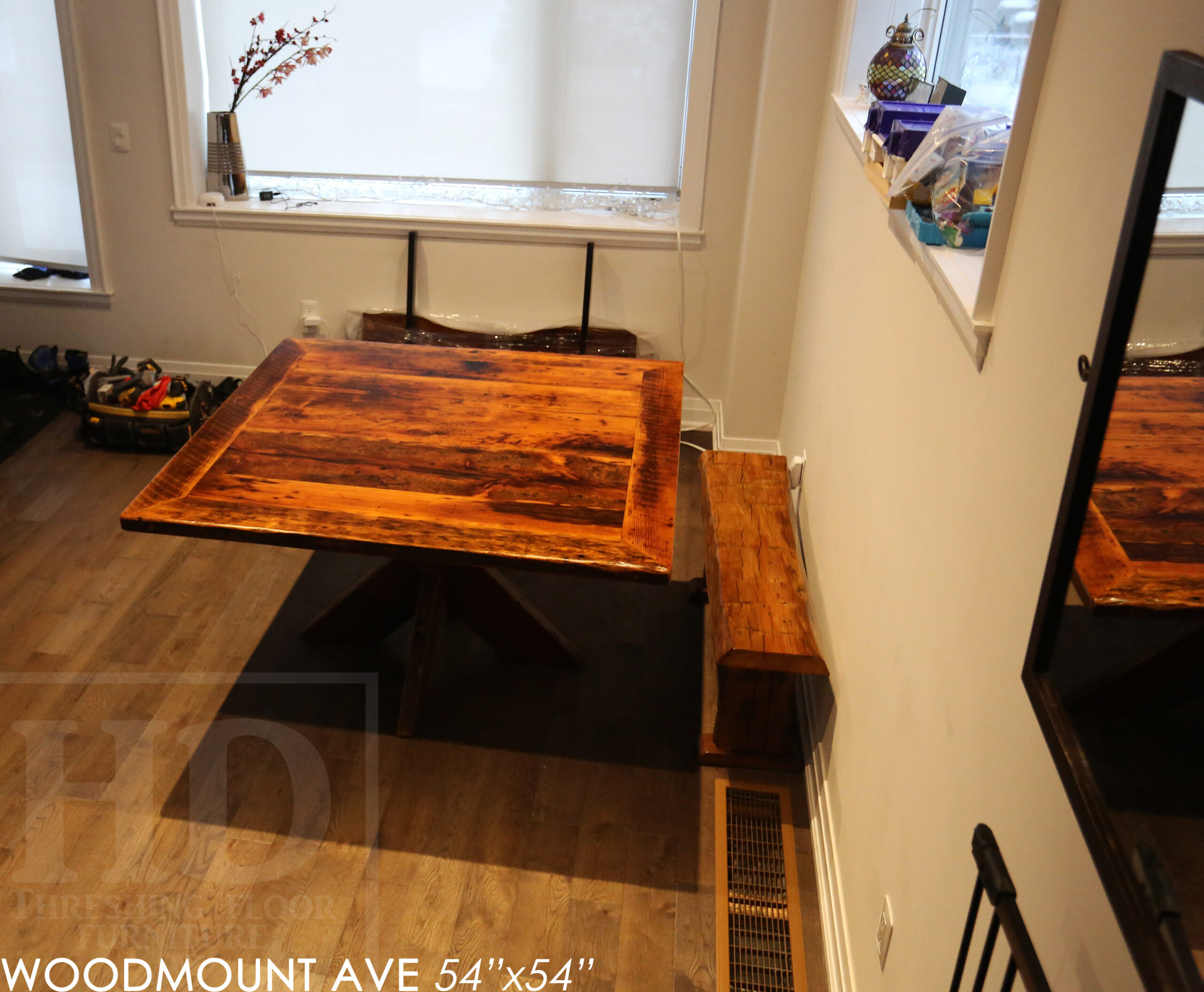 54" x 54" Square Reclaimed Wood Table we made for a Toronto home - X Shaped Base - Hemlock Threshing Floor 2" Construction - Original edges & distressing maintained - Premium epoxy + satin polyurethane finish - www.table.ca