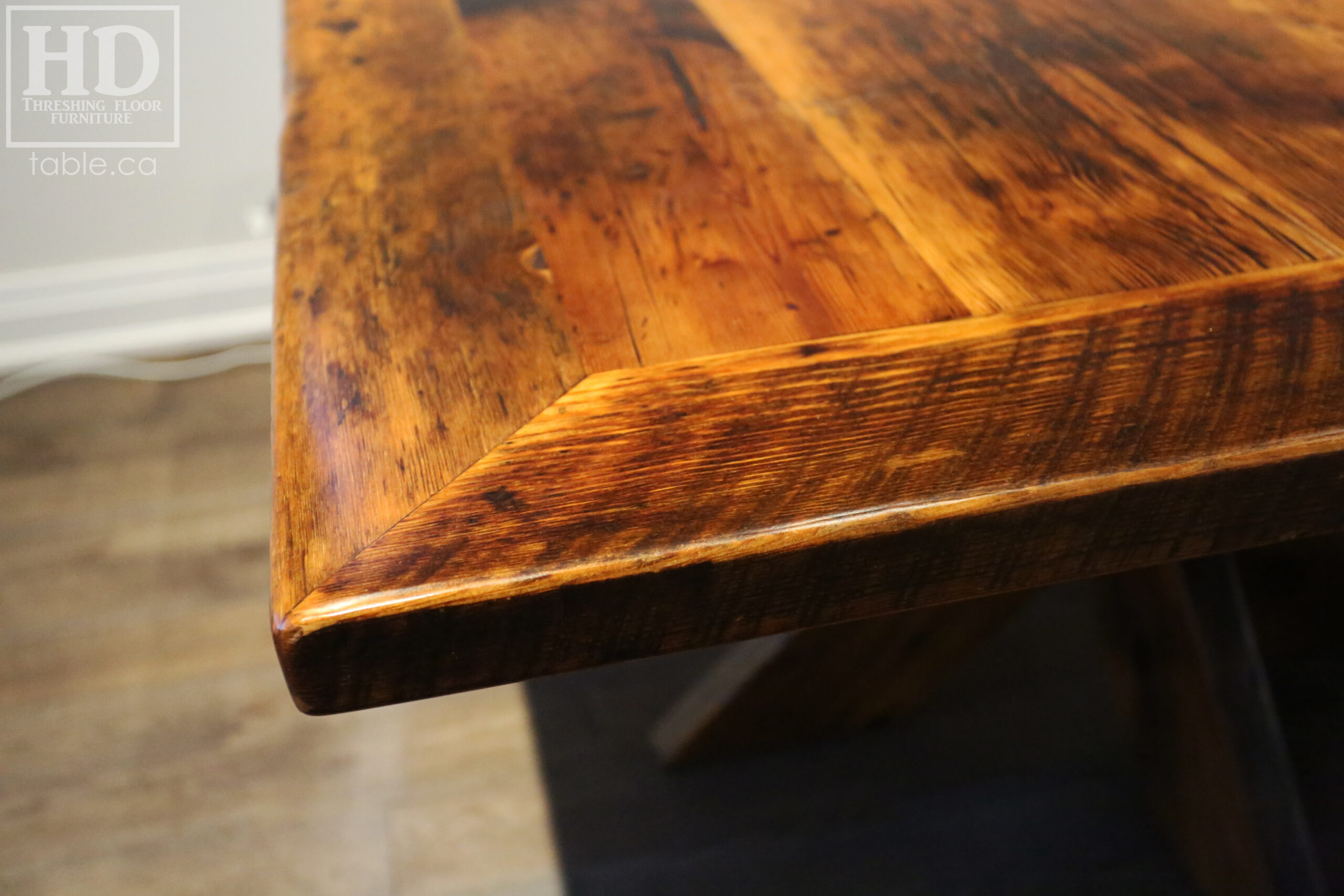 54" x 54" Square Reclaimed Wood Table we made for a Toronto home - X Shaped Base - Hemlock Threshing Floor 2" Construction - Original edges & distressing maintained - Premium epoxy + satin polyurethane finish - www.table.ca