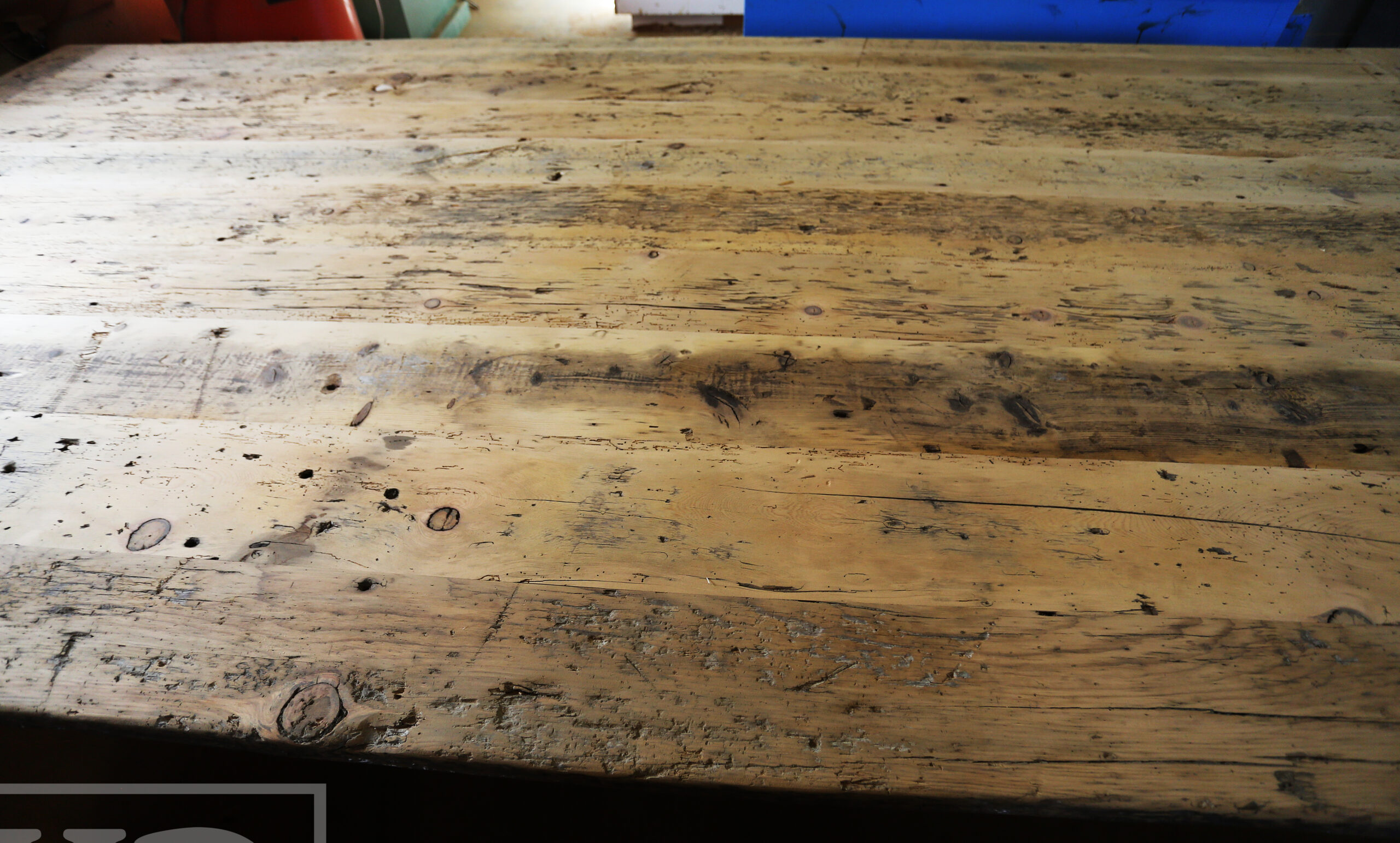 12 ft Ontario Barnwood Boardroom Table we made for a St. Jacobs, Ontario company - 72" wide - Straight 4"x4" Windbrace Beam Legs - 2" Hemlock Threshing Floor Top -  Original edges & distressing maintained - Premium epoxy + satin polyurethane finish - www.table.ca
