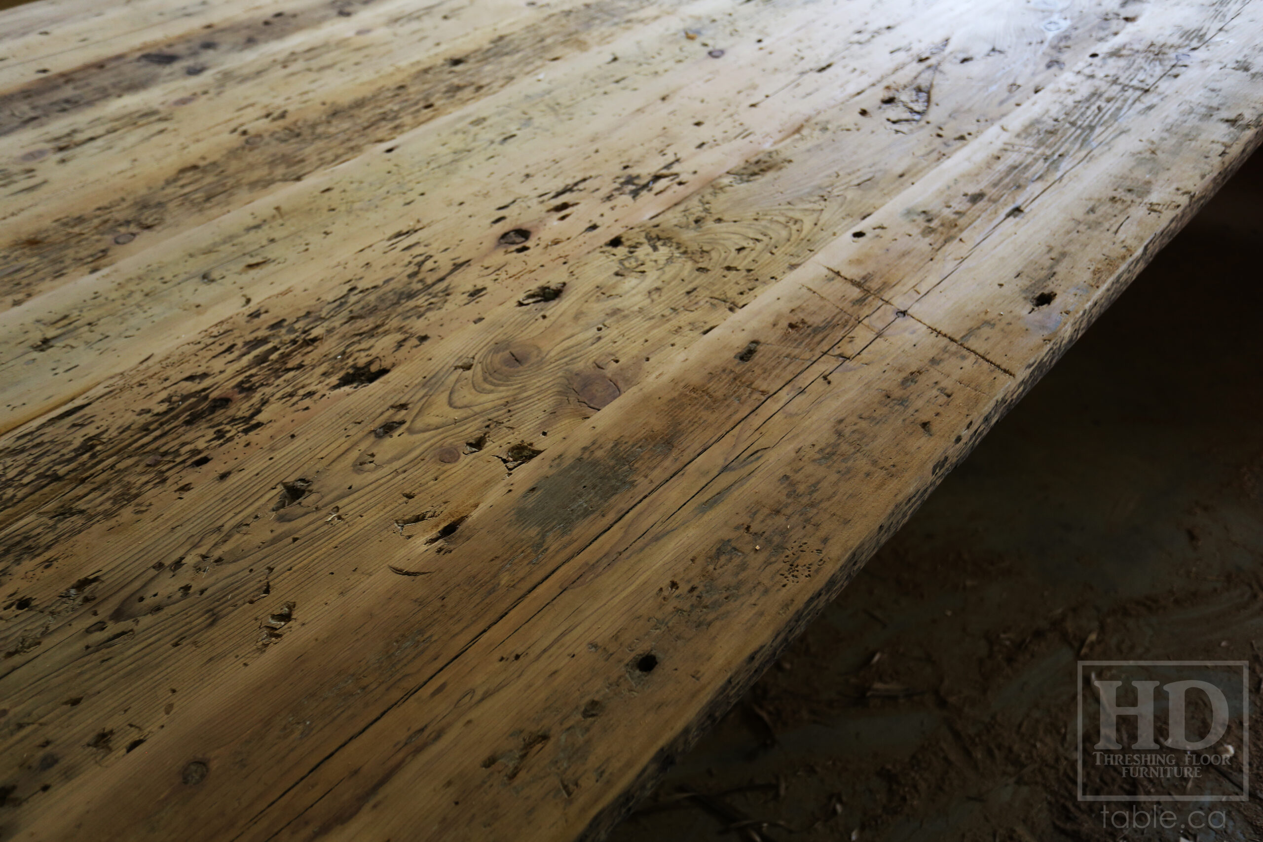 12 ft Ontario Barnwood Boardroom Table we made for a St. Jacobs, Ontario company - 72" wide - Straight 4"x4" Windbrace Beam Legs - 2" Hemlock Threshing Floor Top -  Original edges & distressing maintained - Premium epoxy + satin polyurethane finish - www.table.ca