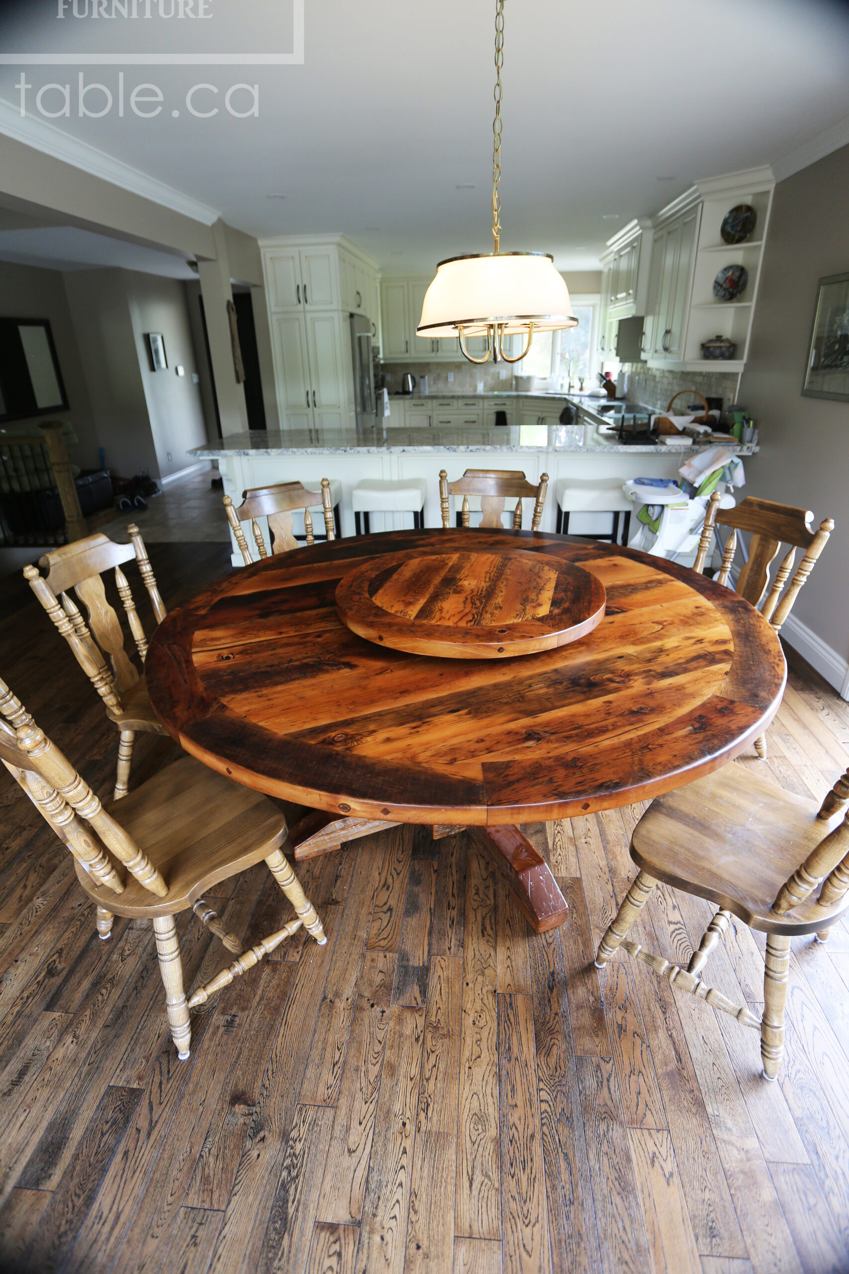 72" Round Ontario Barnwood Table we made for a Meaford, Ontario home - Hand-Hewn Beam Post Base - 2" Hemlock Threshing Floor Top -  Original edges & distressing maintained - Premium epoxy + matte polyurethane finish - [Matching] 32" Round Lazy Susan - www.table.ca