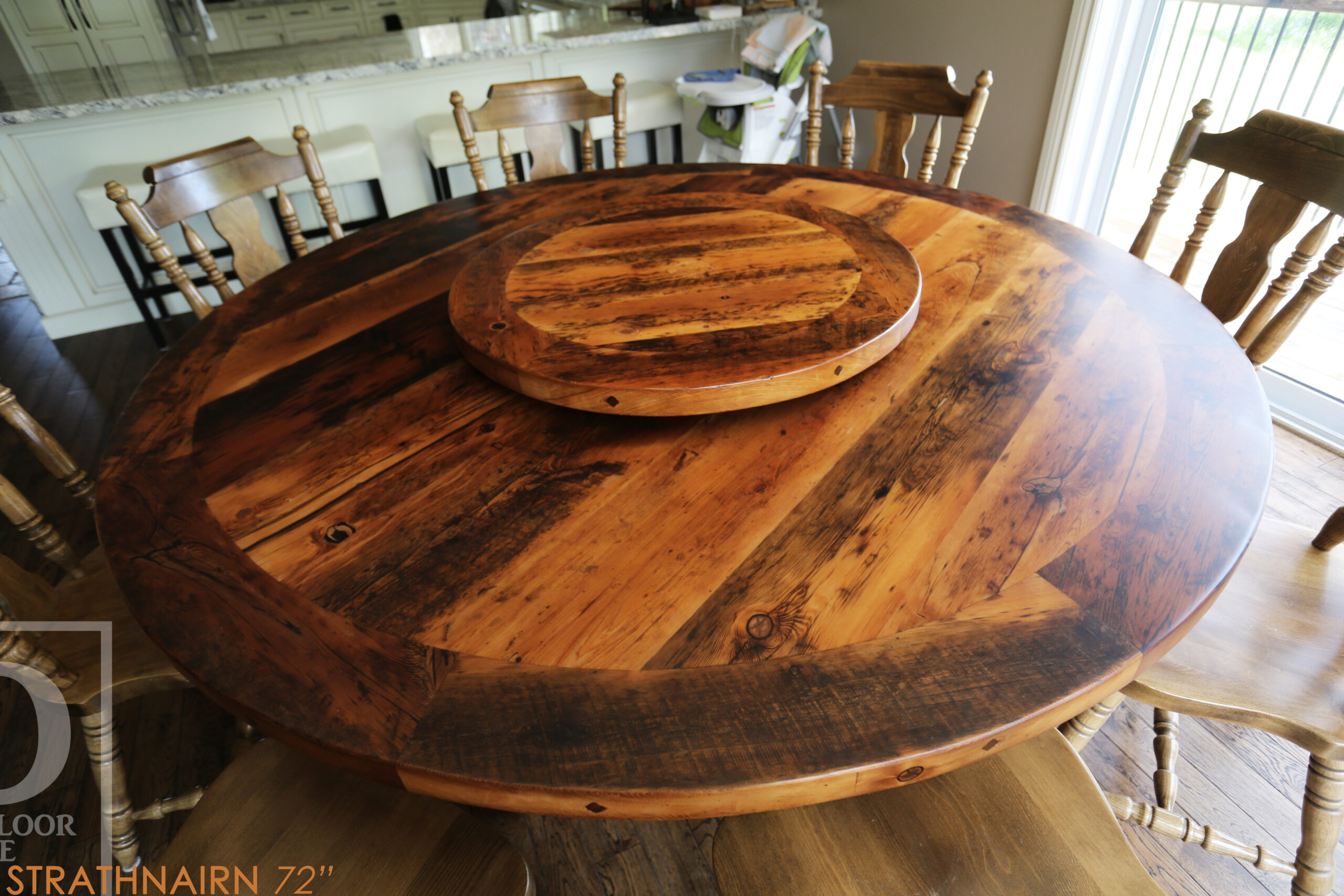 72" Round Ontario Barnwood Table we made for a Meaford, Ontario home - Hand-Hewn Beam Post Base - 2" Hemlock Threshing Floor Top - Original edges & distressing maintained - Premium epoxy + matte polyurethane finish - [Matching] 32" Round Lazy Susan - www.table.ca