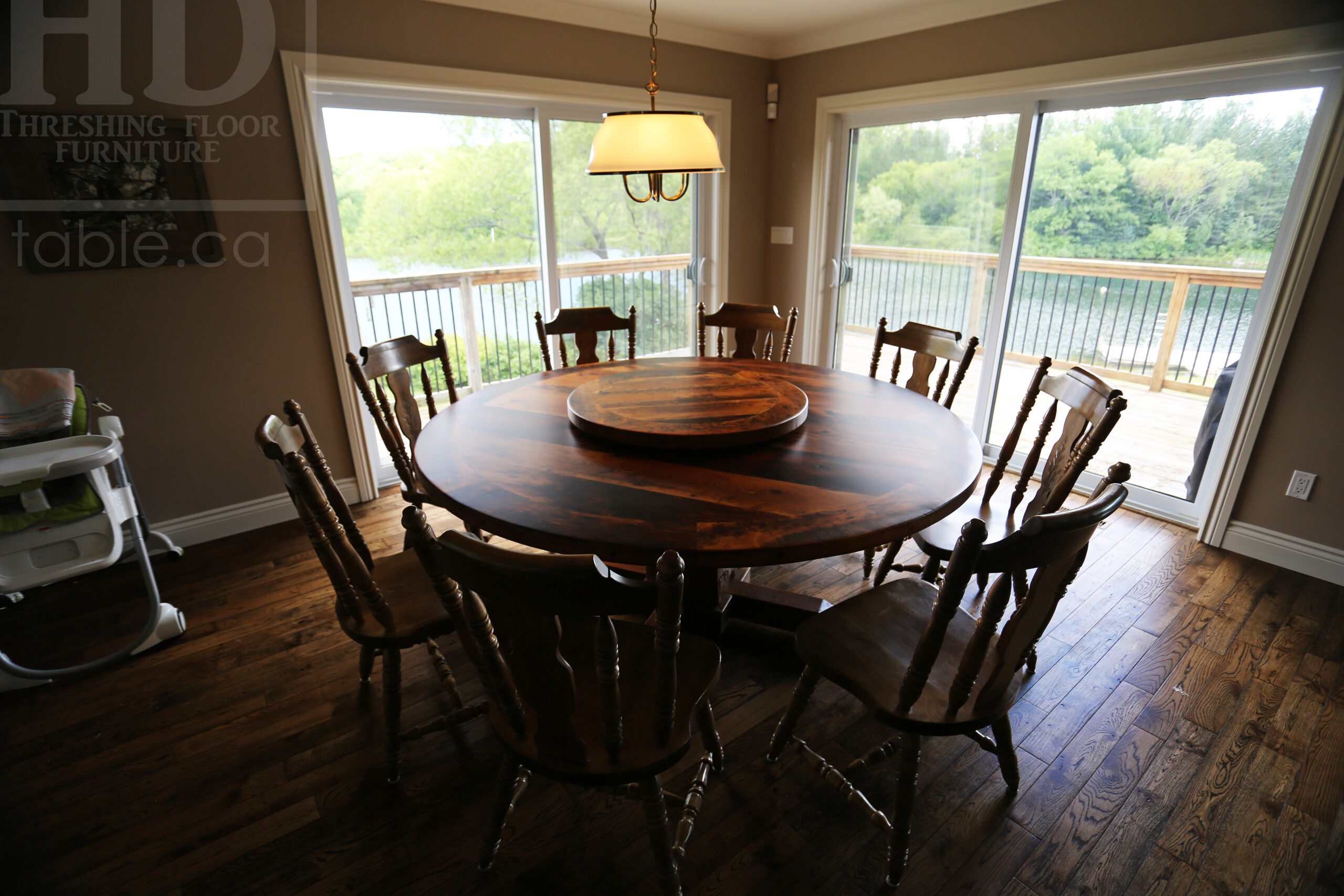72" Round Ontario Barnwood Table we made for a Meaford, Ontario home - Hand-Hewn Beam Post Base - 2" Hemlock Threshing Floor Top - Original edges & distressing maintained - Premium epoxy + matte polyurethane finish - [Matching] 32" Round Lazy Susan - www.table.ca