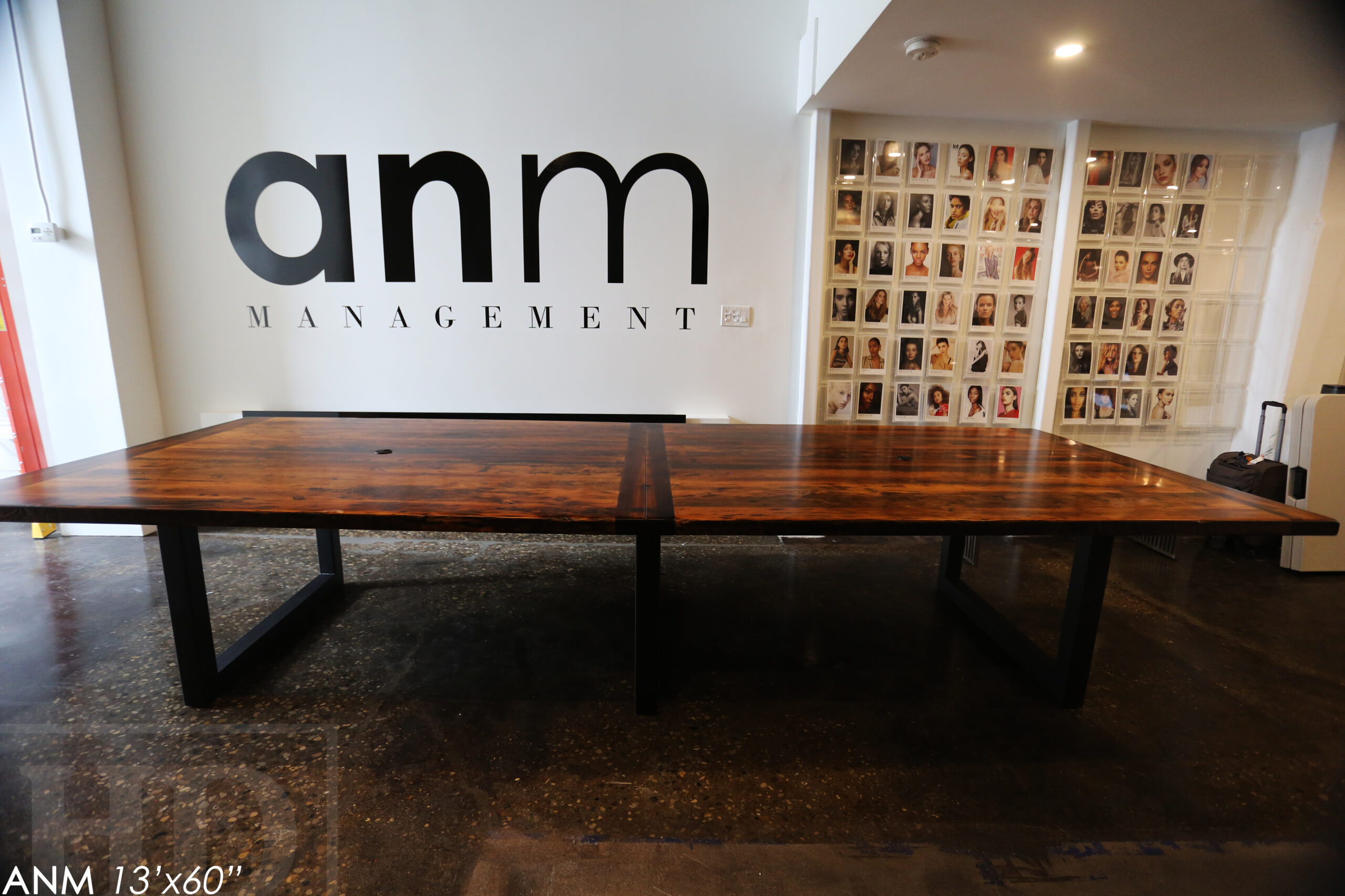 13' Ontario Barnwood Boardroom Table we made for a Toronto company - 60" wide - Matte Black U Shaped Metal Base - 2" Hemlock Threshing Floor Top - Original edges & distressing maintained - Premium epoxy + satin polyurethane finish - www.table.ca