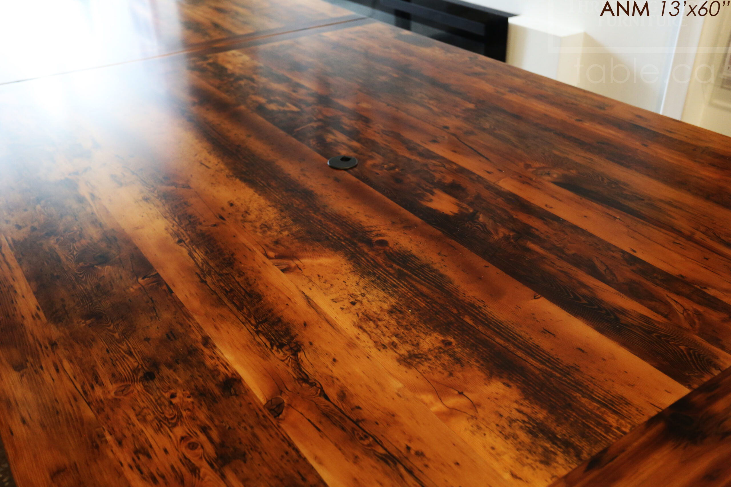 13' Ontario Barnwood Boardroom Table we made for a Toronto company - 60" wide - Matte Black U Shaped Metal Base - 2" Hemlock Threshing Floor Top - Original edges & distressing maintained - Premium epoxy + satin polyurethane finish - www.table.ca