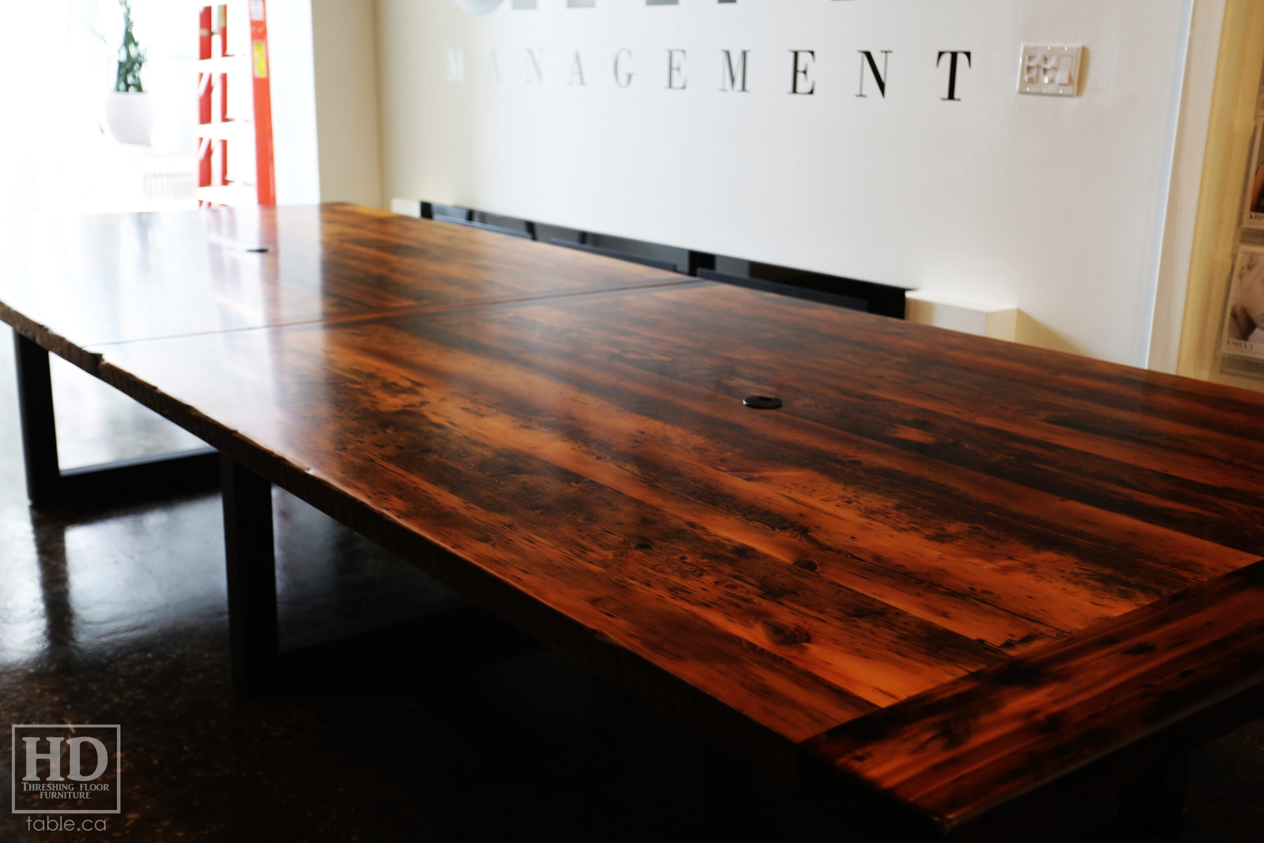 13' Ontario Barnwood Boardroom Table we made for a Toronto company - 60" wide - Matte Black U Shaped Metal Base - 2" Hemlock Threshing Floor Top - Original edges & distressing maintained - Premium epoxy + satin polyurethane finish - www.table.ca