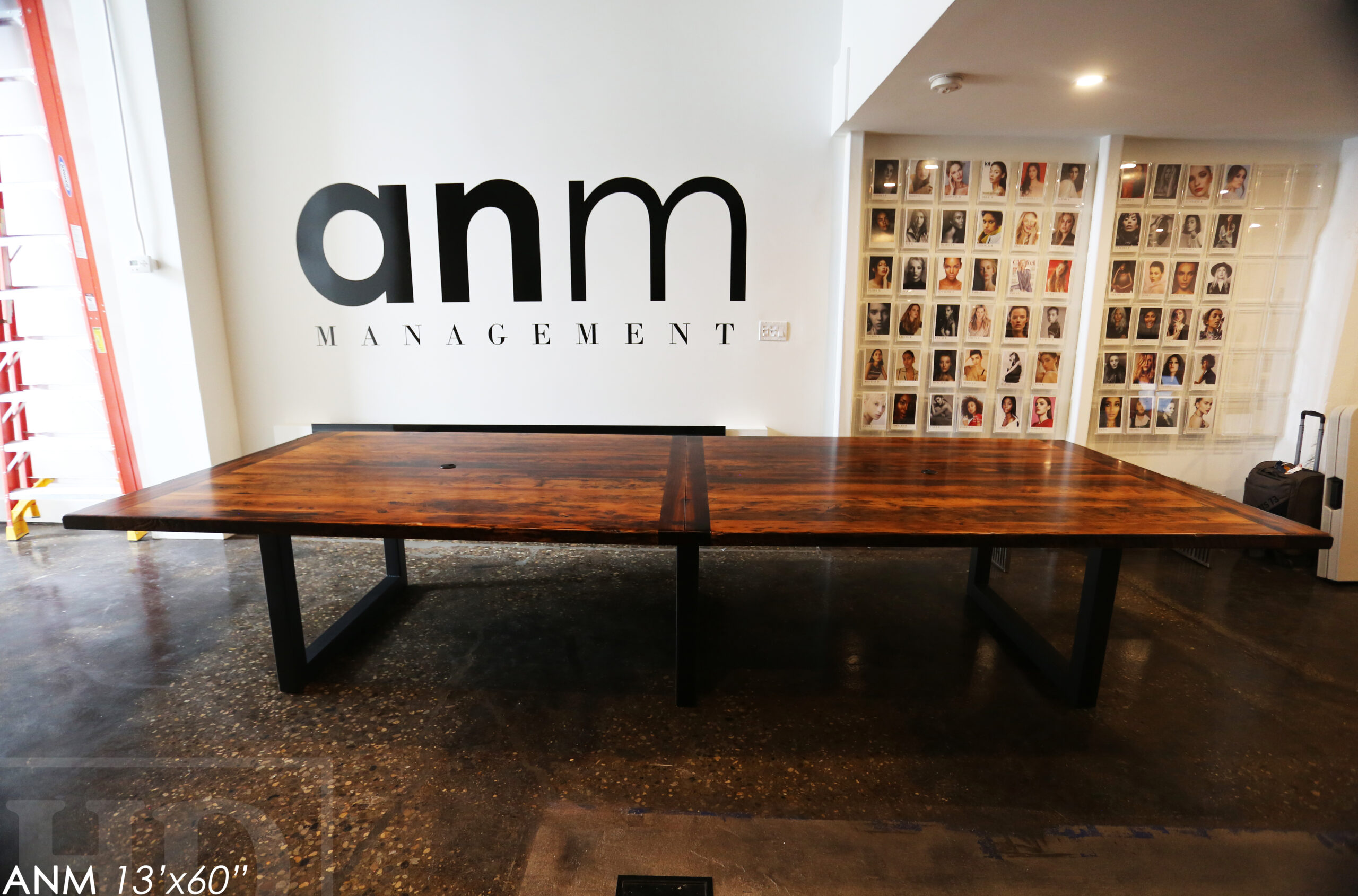 13' Ontario Barnwood Boardroom Table we made for a Toronto company - 60" wide - Matte Black U Shaped Metal Base - 2" Hemlock Threshing Floor Top - Original edges & distressing maintained - Premium epoxy + satin polyurethane finish - www.table.ca