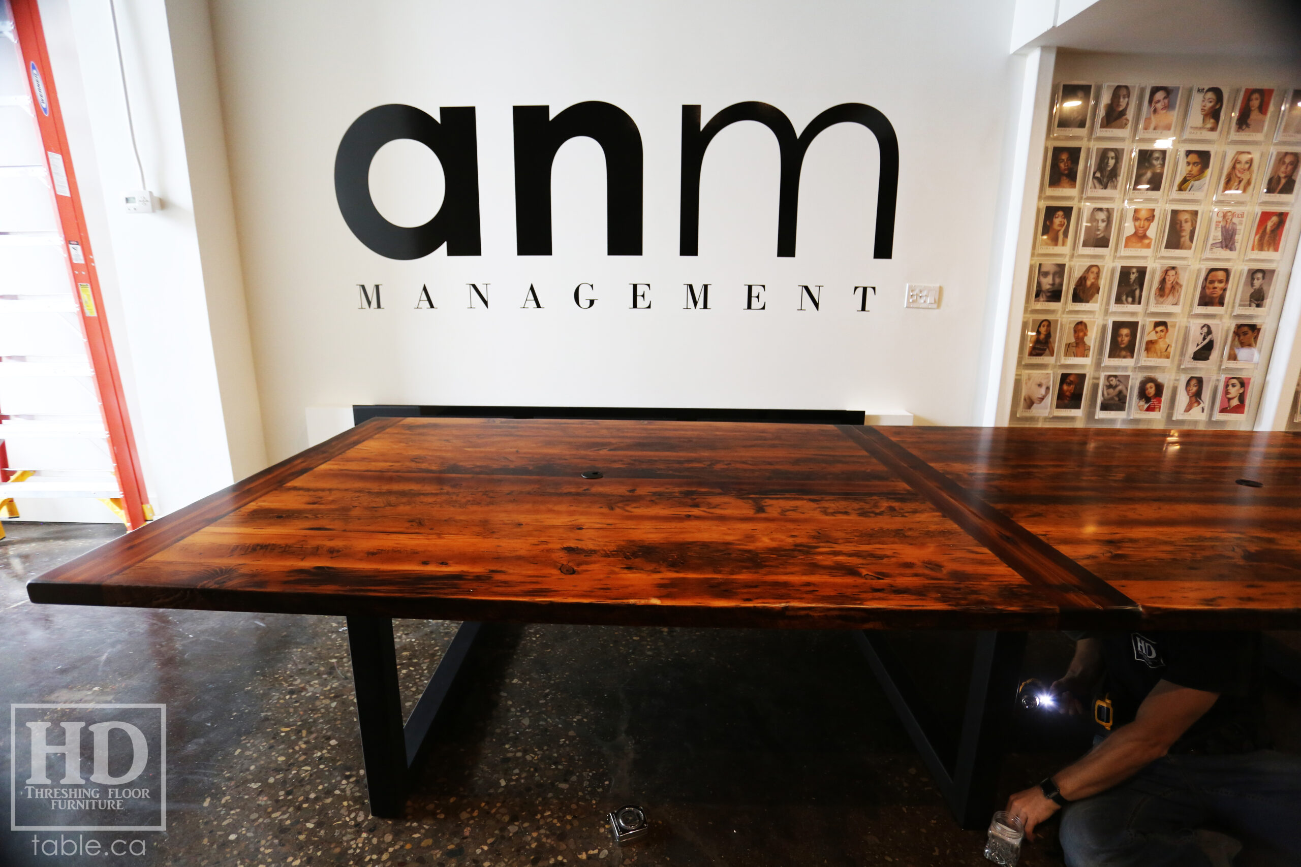 13' Ontario Barnwood Boardroom Table we made for a Toronto company - 60" wide - Matte Black U Shaped Metal Base - 2" Hemlock Threshing Floor Top - Original edges & distressing maintained - Premium epoxy + satin polyurethane finish - www.table.ca