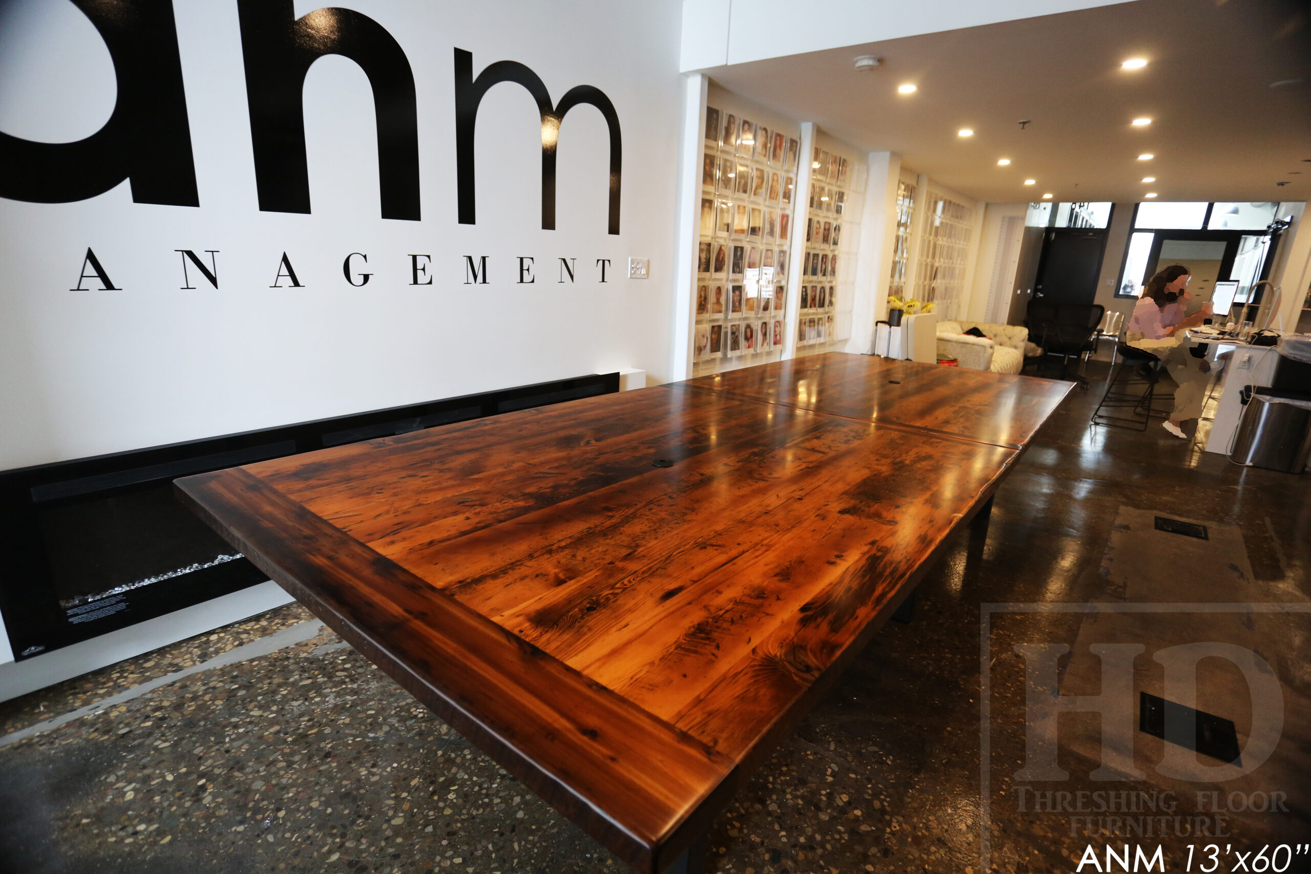 13' Ontario Barnwood Boardroom Table we made for a Toronto company - 60" wide - Matte Black U Shaped Metal Base - 2" Hemlock Threshing Floor Top - Original edges & distressing maintained - Premium epoxy + satin polyurethane finish - www.table.ca