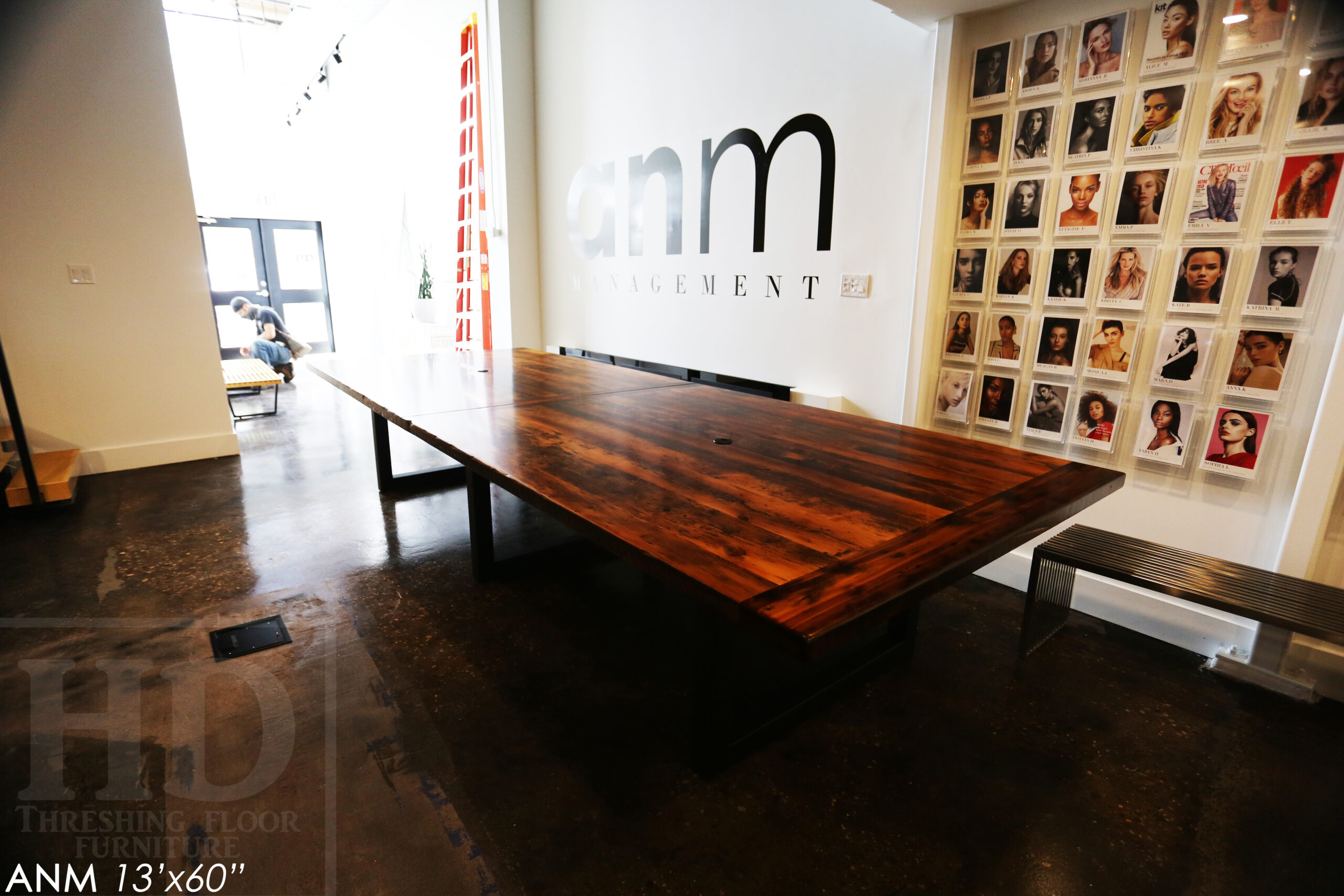 13' Ontario Barnwood Boardroom Table we made for a Toronto company - 60" wide - Matte Black U Shaped Metal Base - 2" Hemlock Threshing Floor Top - Original edges & distressing maintained - Premium epoxy + satin polyurethane finish - www.table.ca