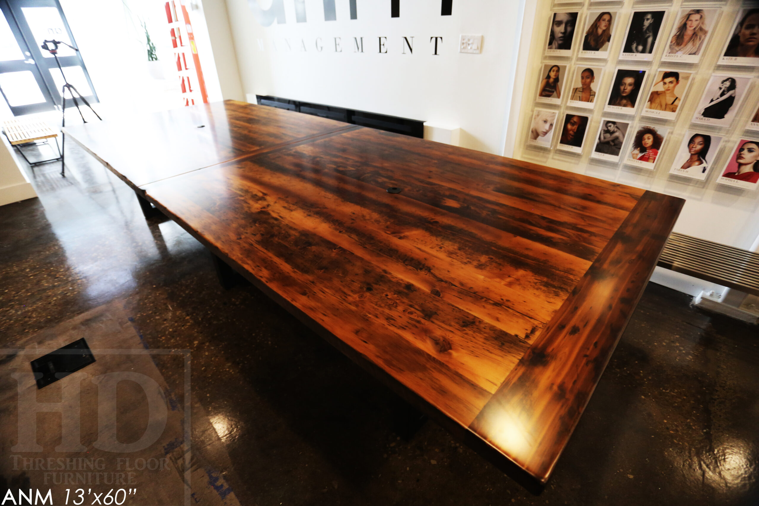 13' Ontario Barnwood Boardroom Table we made for a Toronto company - 60" wide - Matte Black U Shaped Metal Base - 2" Hemlock Threshing Floor Top - Original edges & distressing maintained - Premium epoxy + satin polyurethane finish - www.table.ca