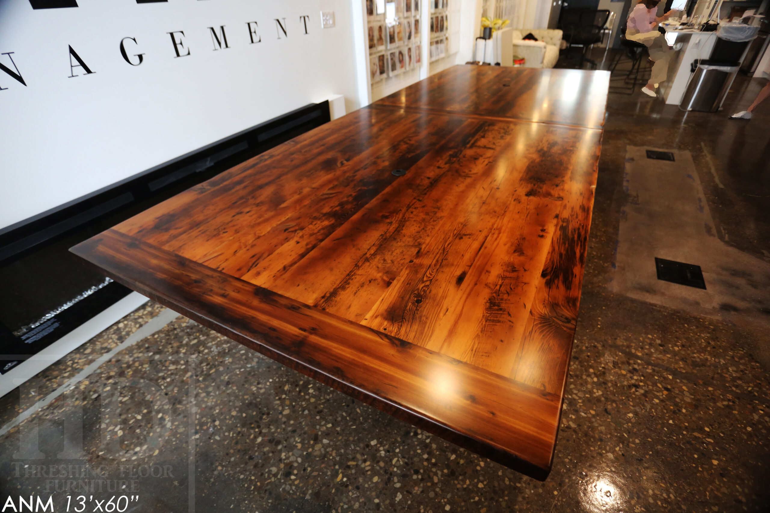 13' Ontario Barnwood Boardroom Table we made for a Toronto company - 60" wide - Matte Black U Shaped Metal Base - 2" Hemlock Threshing Floor Top - Original edges & distressing maintained - Premium epoxy + satin polyurethane finish - www.table.ca