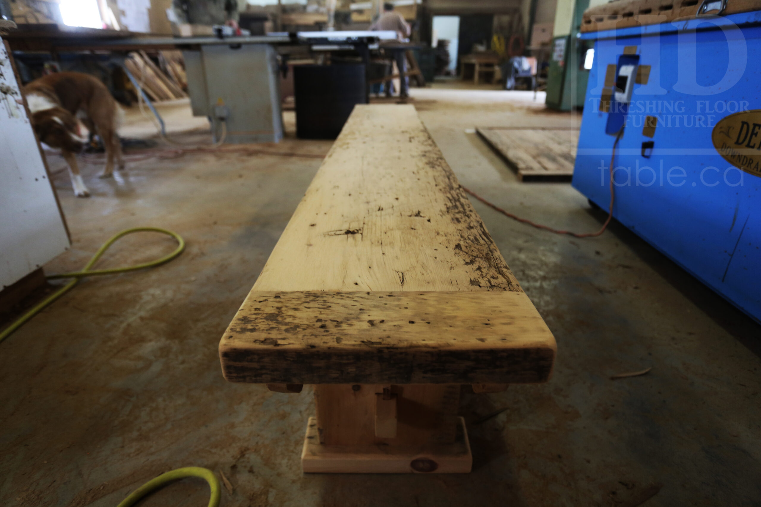 7' Ontario Barnwood Table for a Grassie, Ontario Home - 42" wide - Trestle Base - Reclaimed Old Growth Pine Threshing Floor Construction - Original Distressing & Character & Edges Maintained - Premium epoxy + satin polyurethane finish - One 18" Leaf Extension - 7' [matching] Trestle Bench - 5 Wormy Maple Chairs - Stained to match table - www.table.ca