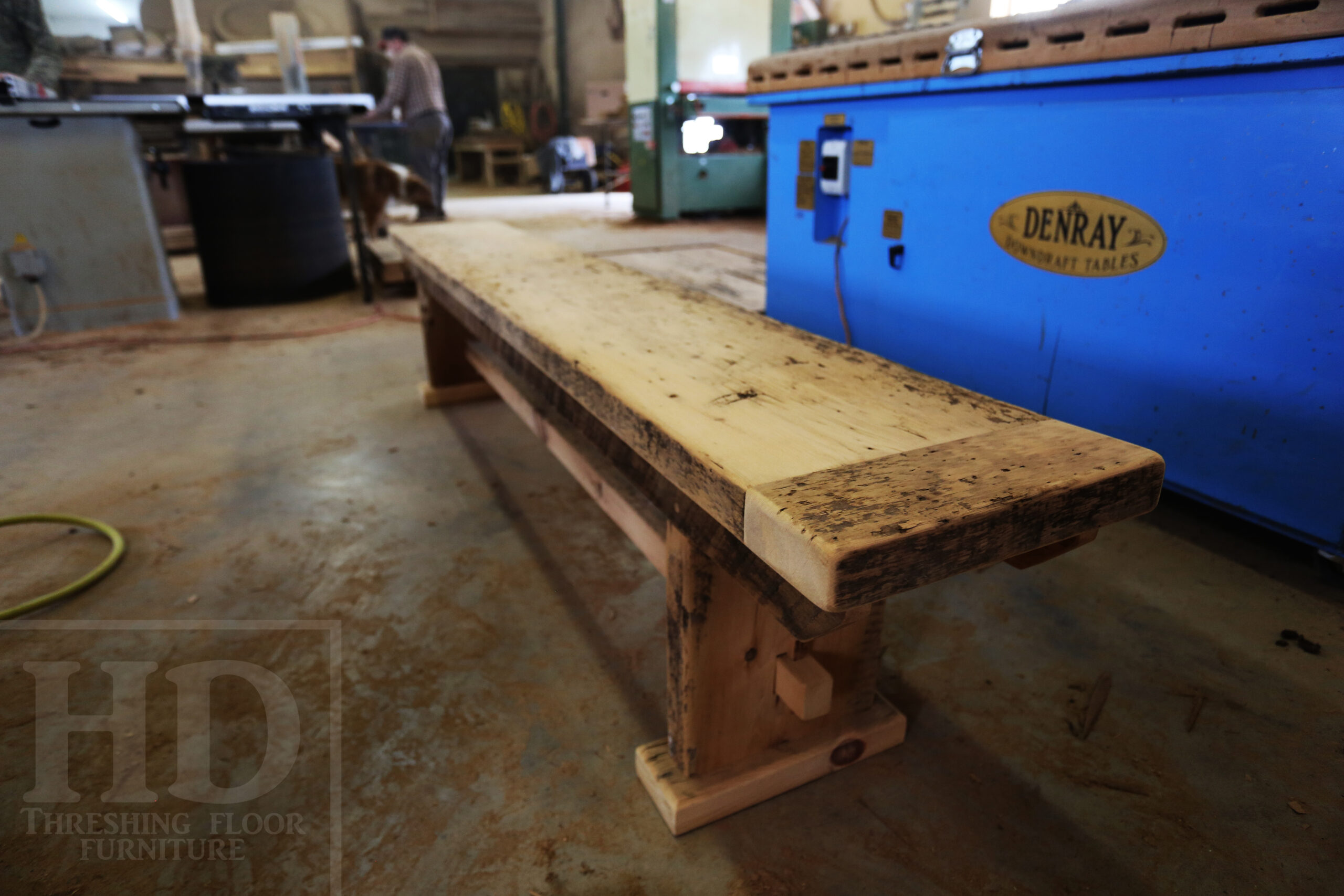 7' Ontario Barnwood Table for a Grassie, Ontario Home - 42" wide - Trestle Base - Reclaimed Old Growth Pine Threshing Floor Construction - Original Distressing & Character & Edges Maintained - Premium epoxy + satin polyurethane finish - One 18" Leaf Extension - 7' [matching] Trestle Bench - 5 Wormy Maple Chairs - Stained to match table - www.table.ca