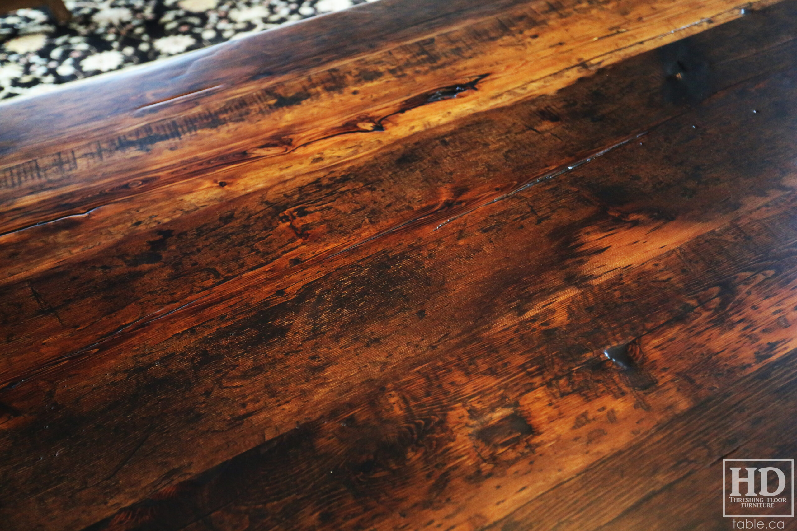8' Ontario Barnwood table we made for a Blue Mountain, Ontario Home - 39" wide - Trestle Base - 2" Hemlock Threshing Floor Construction - Original barnwood edges & distressing maintained - Premium epoxy + matte polyurethane finish - www.table.ca