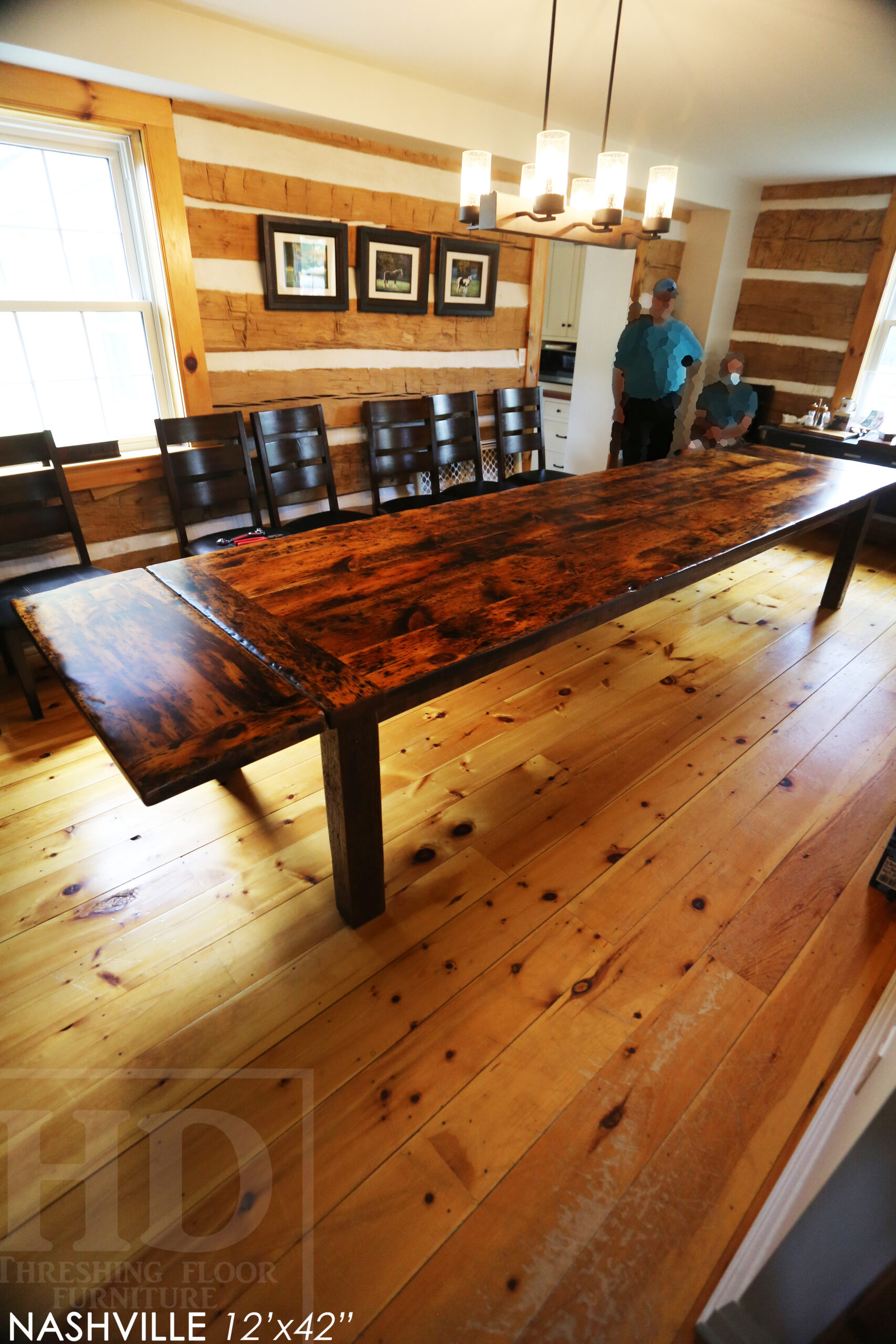 12' Ontario Barnwood Harvest Table we made for a Bolton, Ontario home - 42" wide - Original edges & distressing maintained - Old growth Pine Threshing Floor 2" Top - Straight 4"x4" Windbrace Beam Legs - Two 15" Leaf Extensions [making total length 174" when extended] - Premium epoxy + satin polyurethane finish - www.table.ca