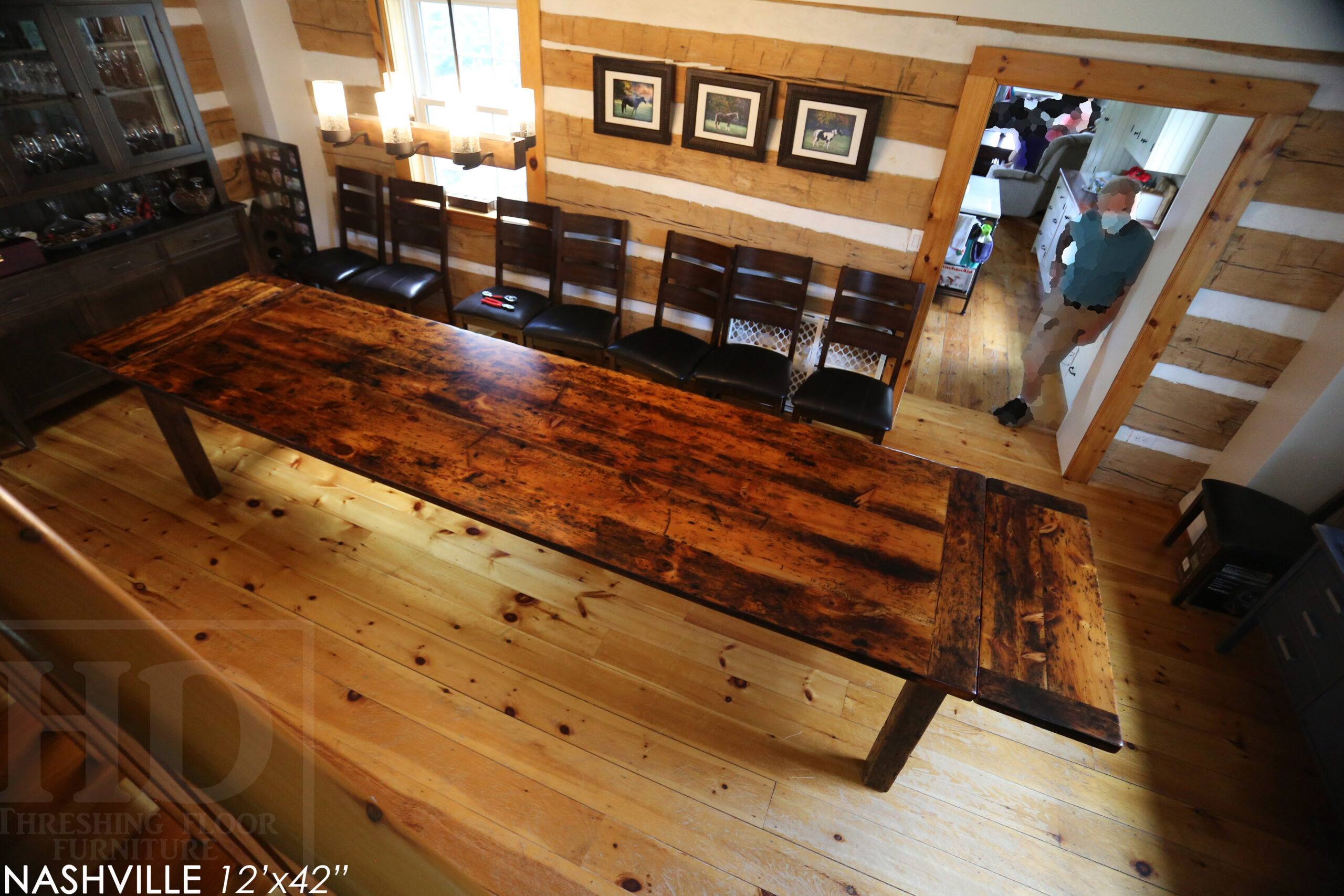 12' Ontario Barnwood Harvest Table we made for a Bolton, Ontario home - 42" wide - Original edges & distressing maintained - Old growth Pine Threshing Floor 2" Top - Straight 4"x4" Windbrace Beam Legs - Two 15" Leaf Extensions [making total length 174" when extended] - Premium epoxy + satin polyurethane finish - www.table.ca