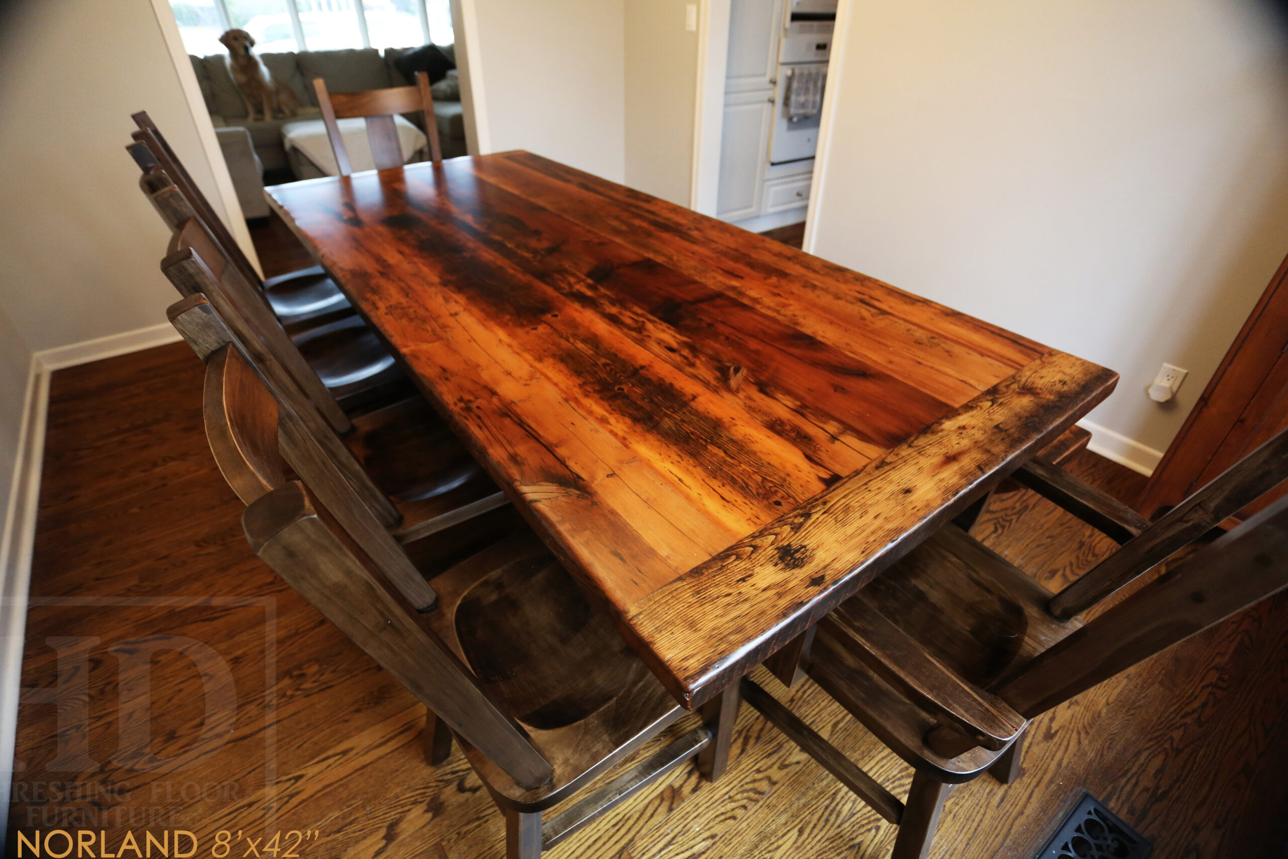 8' Ontario Barnwood Table we made for a Burlington, Ontario home - 42" wide - Sawbuck base - Original edges & distressing maintained - Old growth Hemlock Threshing Floor 2" Top - Premium epoxy + satin polyurethane finish - 8' [matching] bench - 6 Plank Back Chairs / Wormy Maple www.table.ca
