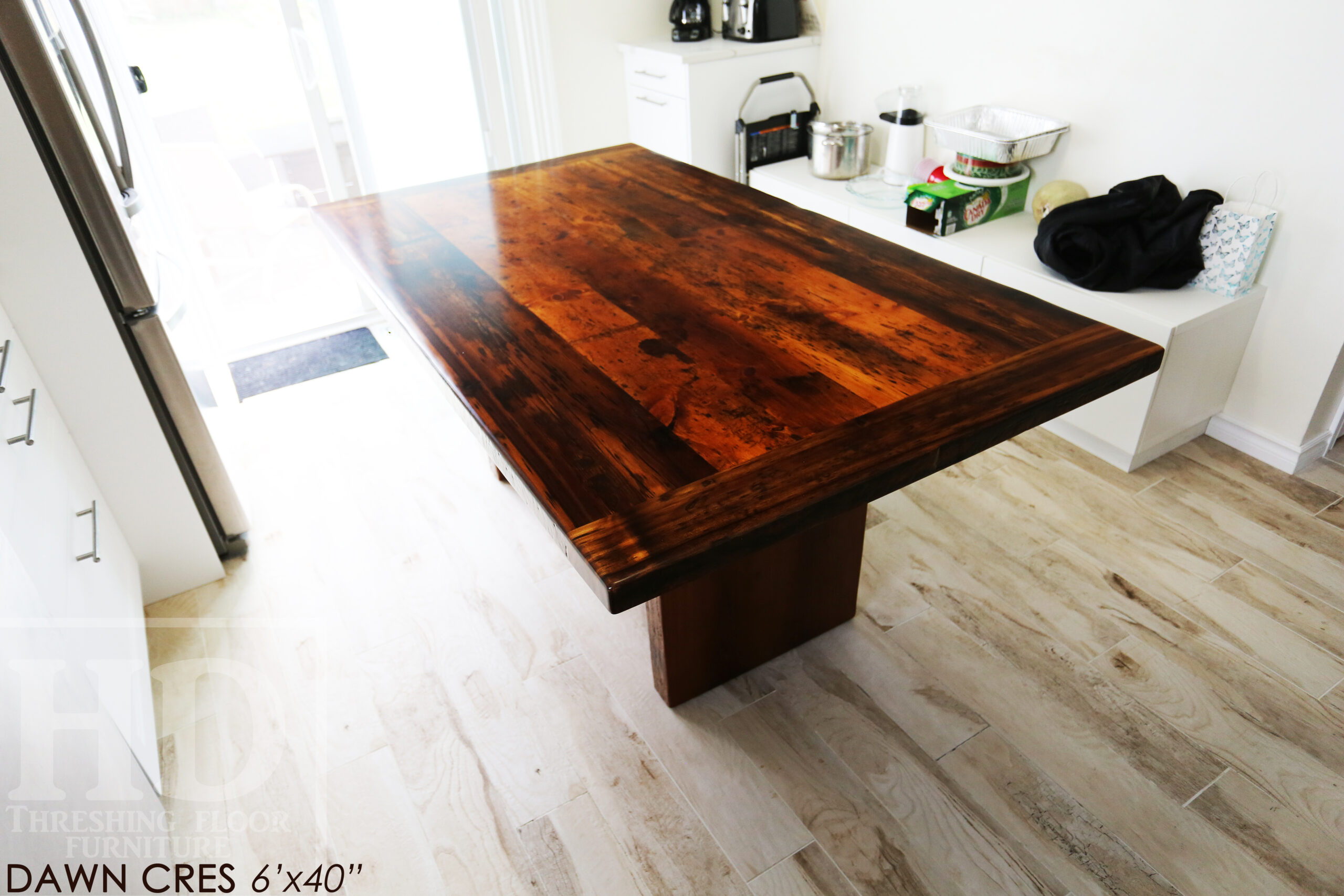 6' Ontario Barnwood Table for a Cambridge, Ontario Home - 40" wide - Modern Plank Base - Reclaimed Old Growth Hemlock Threshing Floor Construction - Original Distressing & Character & Edges Maintained - Premium epoxy + satin polyurethane finish - Two 18" Leaf Extensions [making total length 9' when extended] - www.table.ca