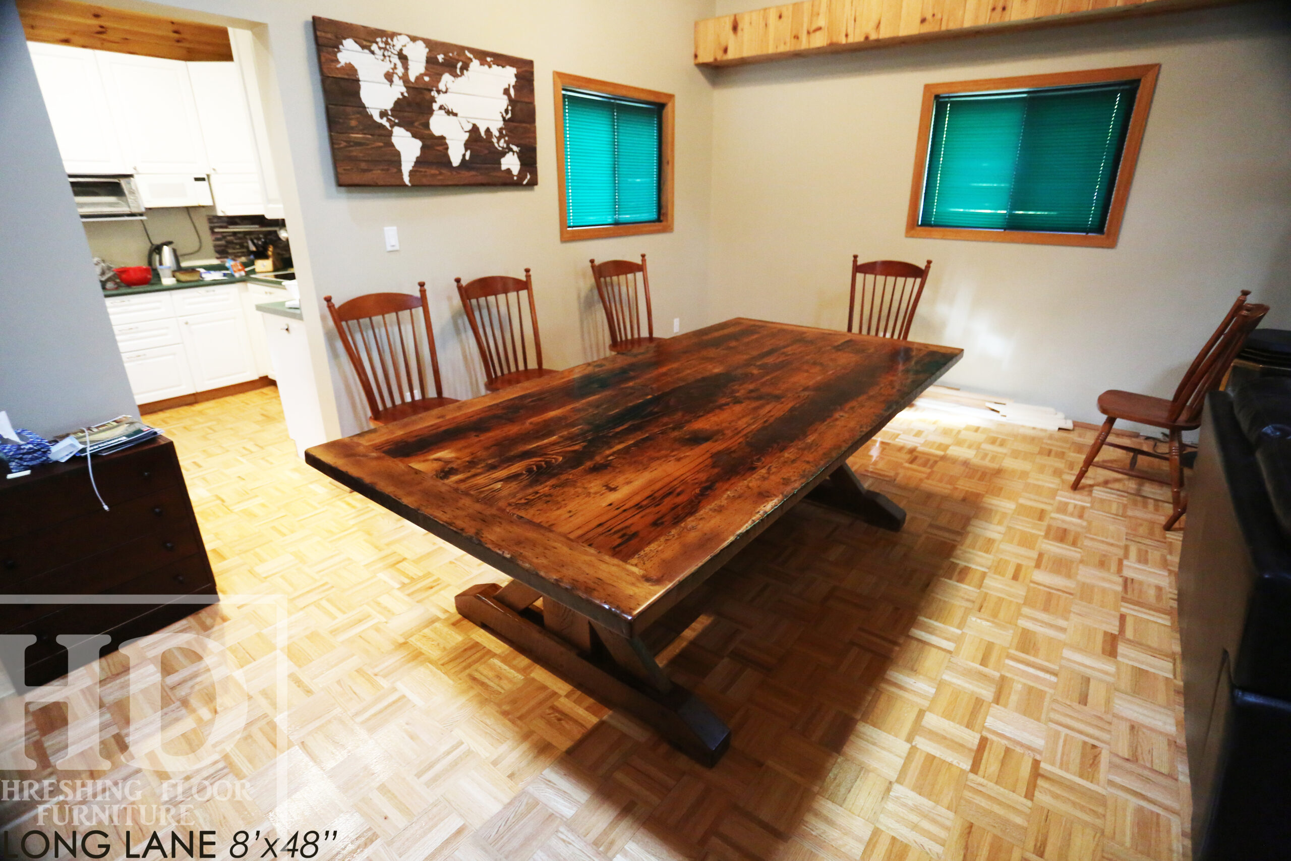 8' Ontario Barnwood Sawbuck Table we made for a Haliburton cottage - 48" wide - Sawbuck Base - 2" Hemlock Threshing Floor Top - Original edges & distressing maintained - Premium epoxy + satin polyurethane finish - Two 18" Leaf Extensions - www.table.ca