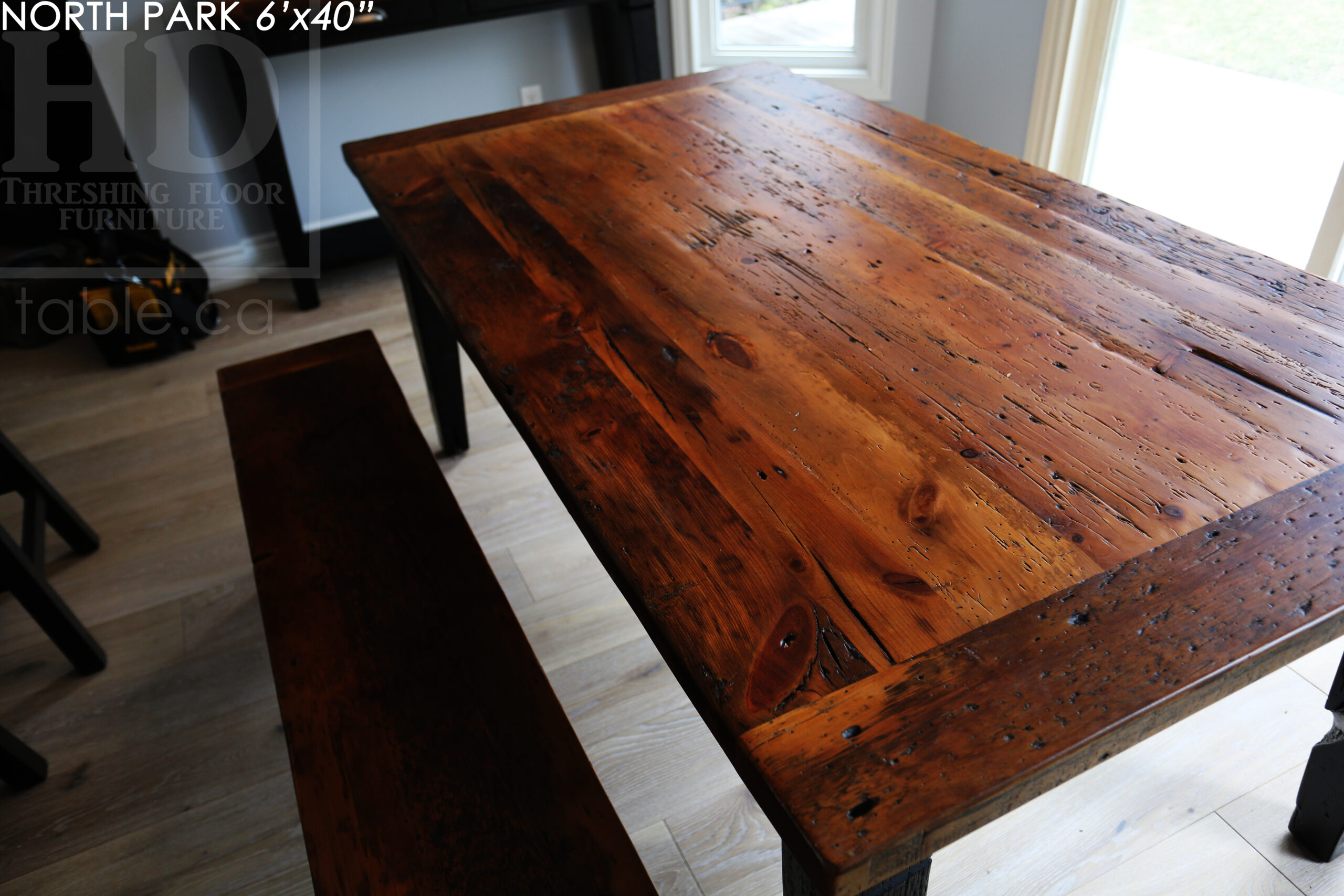 6' Reclaimed Wood Harvest Table for a Mississauga, Ontario Home - 40" wide - Reclaimed Hemlock Threshing Floor Construction- Tapered with a Notch Windbrace Beam Legs - Original Distressing/Character/Edges Maintained - Matte polyurethane finish [no epoxy] - Two 12" Leaves - 5' [matching] Bench - www.table.ca
