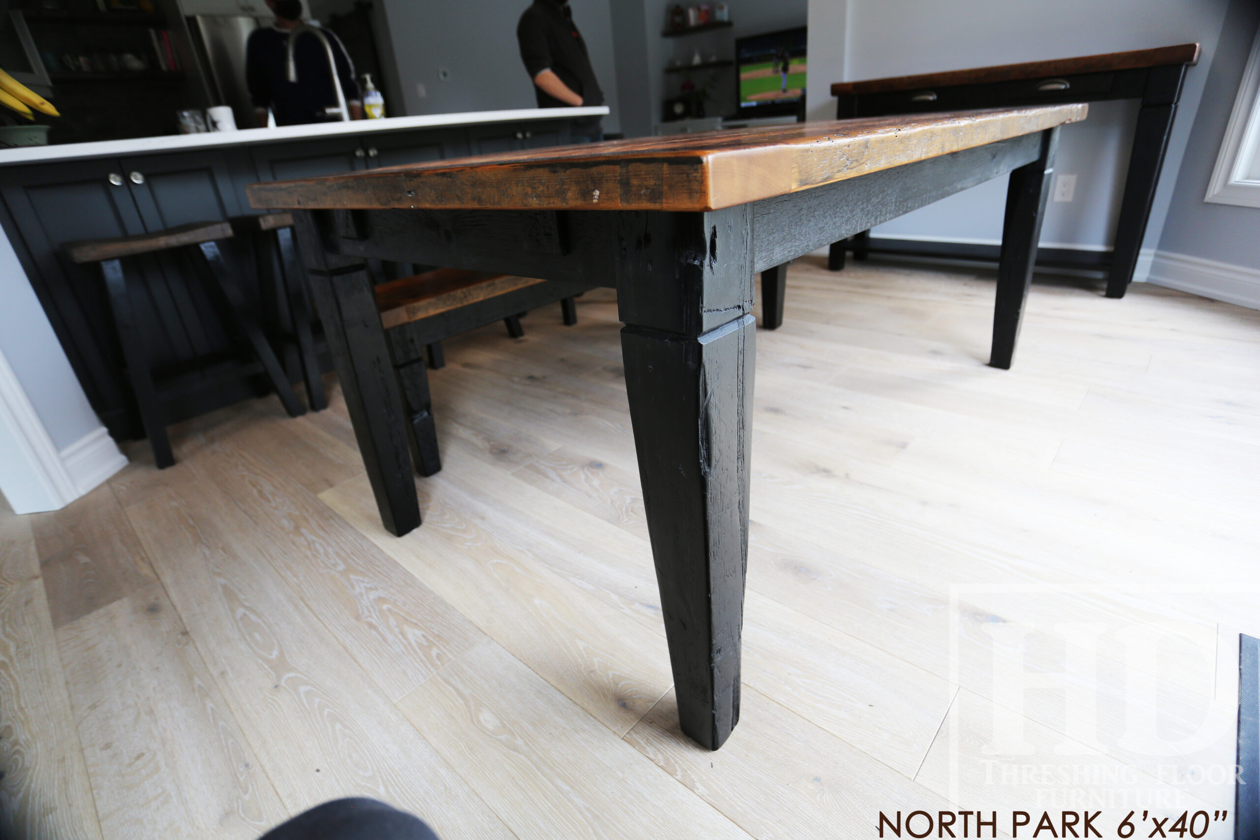 6' Reclaimed Wood Harvest Table for a Mississauga, Ontario Home - 40" wide - Reclaimed Hemlock Threshing Floor Construction- Tapered with a Notch Windbrace Beam Legs - Original Distressing/Character/Edges Maintained - Matte polyurethane finish [no epoxy] - Two 12" Leaves - 5' [matching] Bench - www.table.ca