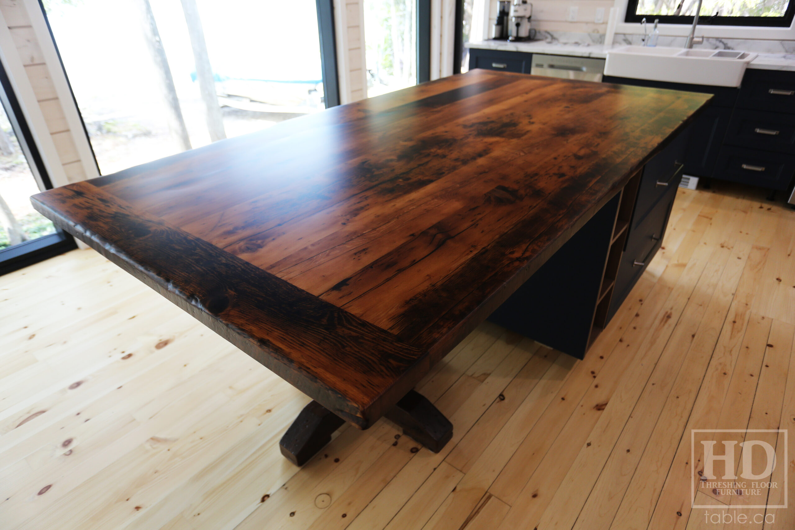 98" Ontario Barnwood Island Top & post we made for a Wiarton, Ontario Home - 52" wide - 34" height - Hand-Hewn Post at End to Extend Island Top - 2" Hemlock Threshing Floor Construction - Original barnwood edges & distressing maintained - Premium epoxy + matte polyurethane finish - www.table.ca