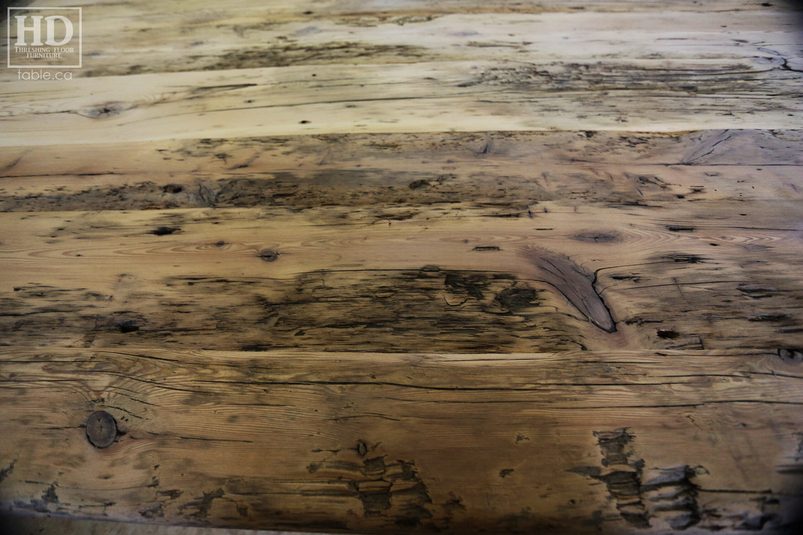 98" Ontario Barnwood Island Top & post we made for a Wiarton, Ontario Home - 52" wide - 34" height - Hand-Hewn Post at End to Extend Island Top - 2" Hemlock Threshing Floor Construction - Original barnwood edges & distressing maintained - Premium epoxy + matte polyurethane finish - www.table.ca