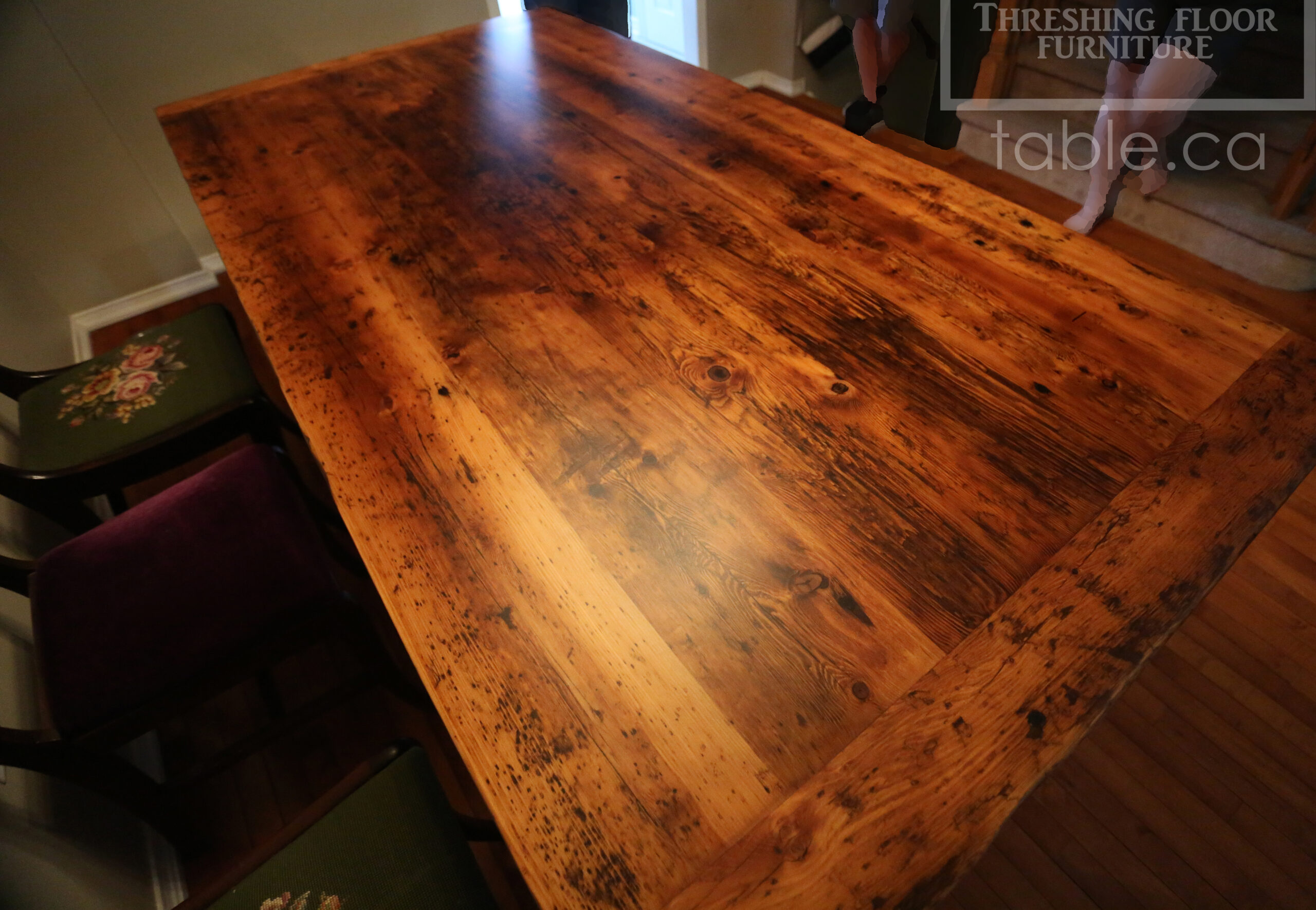 7 ft Ontario Barnwood Boardroom Table we made for an Oakville, Ontario home - 42" wide - Harvest Base with Cabriole Legs - 2" Hemlock Threshing Floor Top -  Original edges & distressing maintained - Premium epoxy + satin polyurethane finish - Drawer at End with Lee Valley Cast Brass Mission Handle - www.table.ca