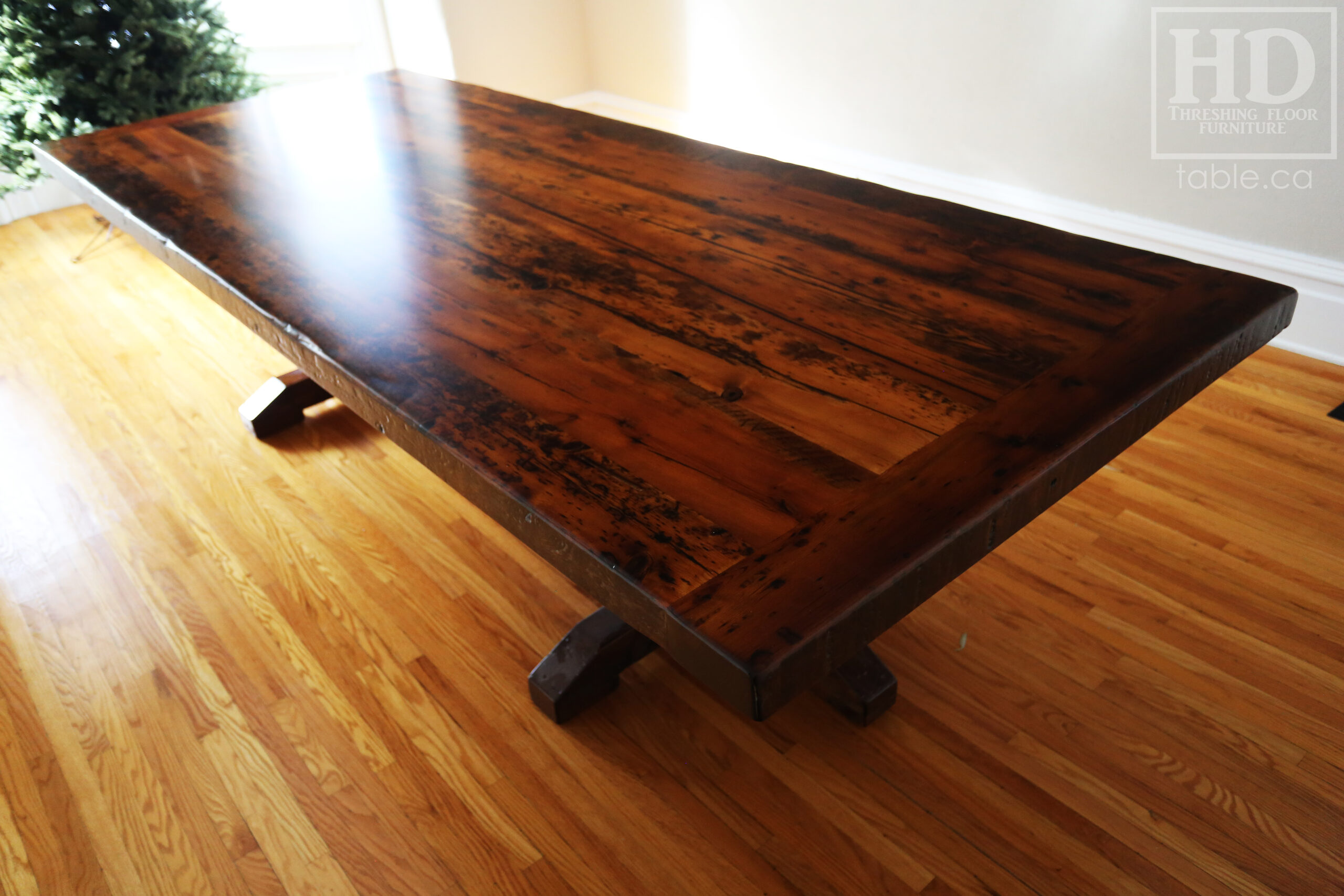 10' Ontario Barnwood Modern Table we made for a Port Perry, Ontario home - 48" wide - Hand-Hewn Beam Pedestals Base - 3" thick top top option - Mitred Corners - Hemlock Threshing Floor Construction - Original edges & distressing maintained - Premium epoxy + satin polyurethane finish - www.table.ca