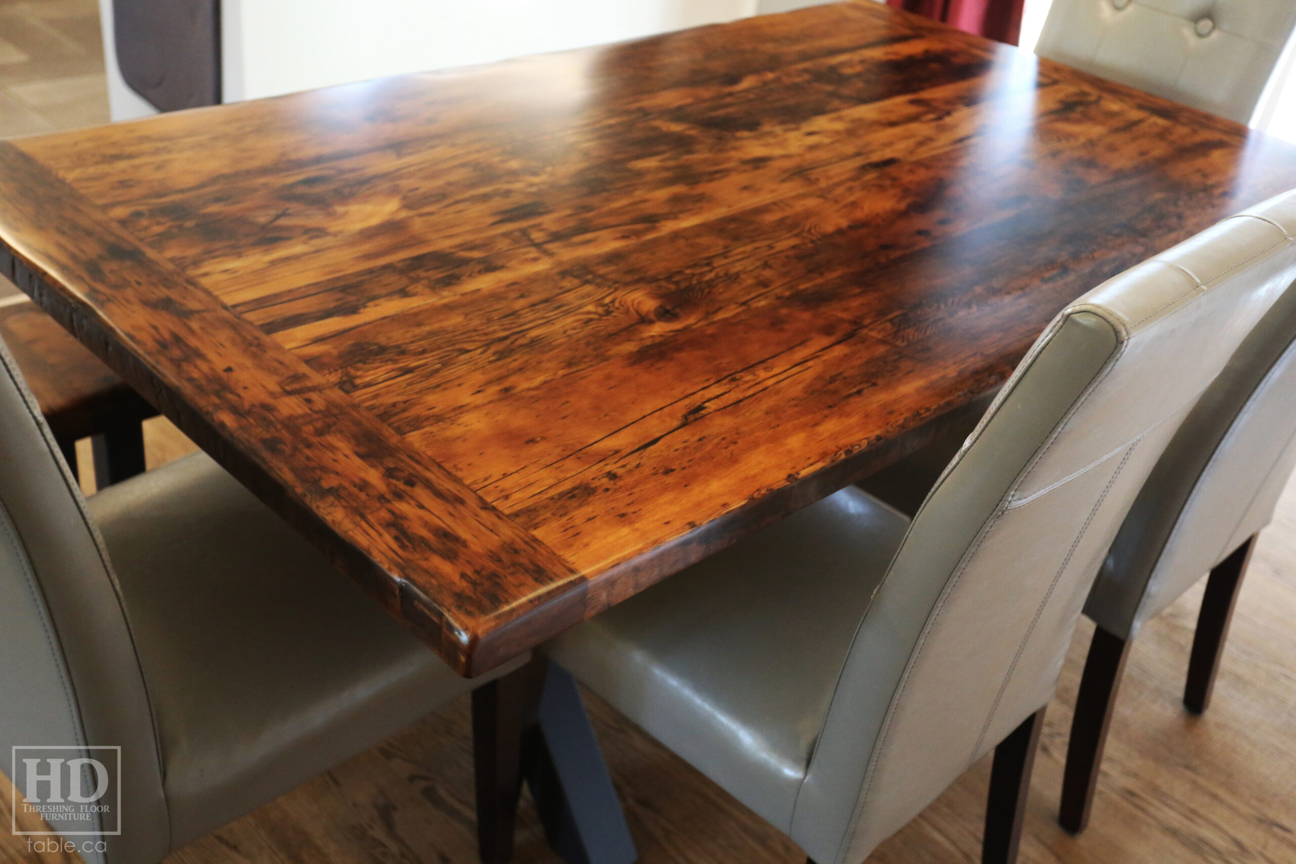 68" Ontario Barnwood Table we made for an Kitchener, Ontario home - 40" wide - Matte Black X Base - 2" Hemlock Threshing Floor Top -  Original edges & distressing maintained - Premium epoxy + satin polyurethane finish - Two 18" Leaves - 68" [matching] Reclaimed Wood Bench - www.table.ca