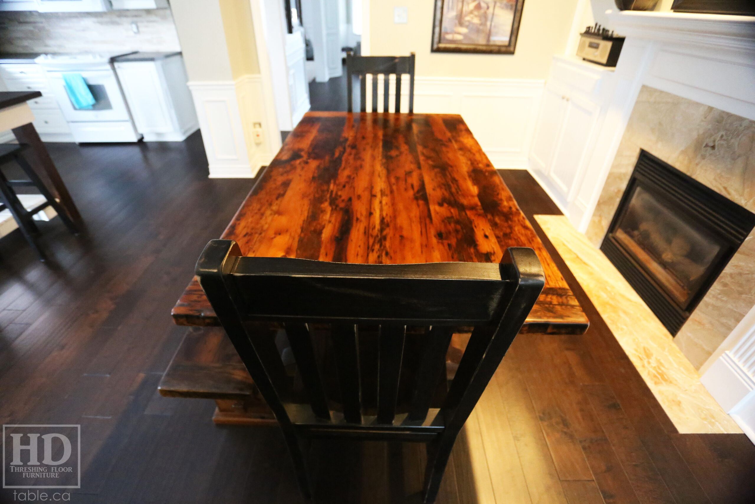 6' Ontario Barnwood Table we made for a Newmarket, Ontario Home - 40" wide - Trestle Base - 2" Hemlock Threshing Floor Construction - Original edges & distressing maintained - Premium epoxy + matte polyurethane finish - 6' [matching] reclaimed wood bench - 2 Strongback Chairs / Wormy Maple / Black with Sandthroughs Frame / Seat Stained Colour of Table / Matte polyurethane clearcoat finish - www.table.ca