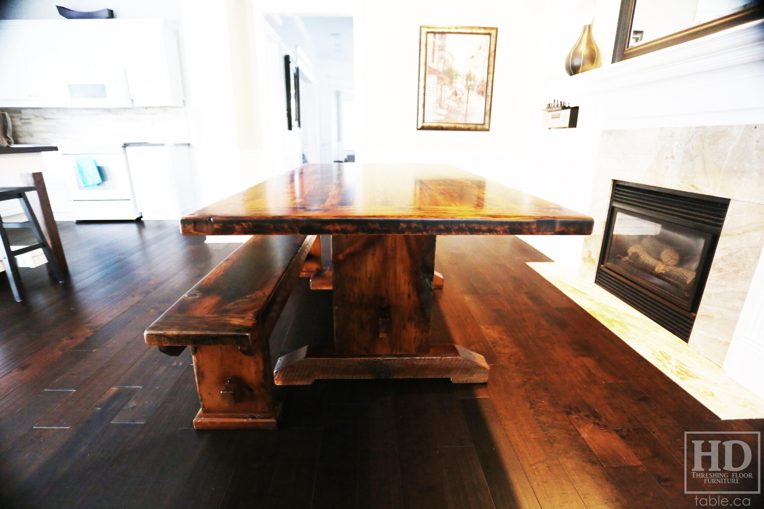 6' Ontario Barnwood Table we made for a Newmarket, Ontario Home - 40" wide - Trestle Base - 2" Hemlock Threshing Floor Construction - Original edges & distressing maintained - Premium epoxy + matte polyurethane finish - 6' [matching] reclaimed wood bench - 2 Strongback Chairs / Wormy Maple / Black with Sandthroughs Frame / Seat Stained Colour of Table / Matte polyurethane clearcoat finish - www.table.ca
