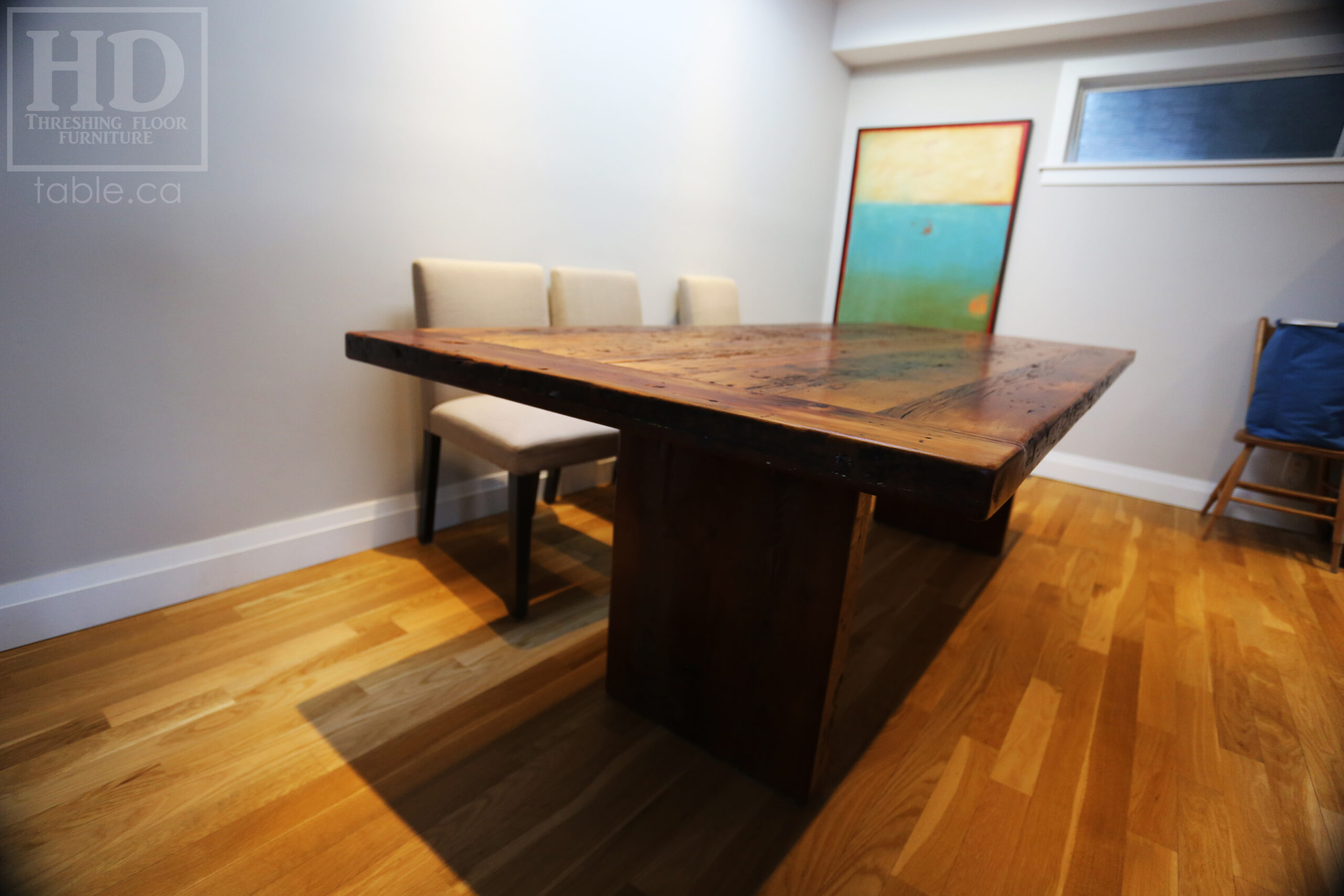 8' Ontario Barnwood Wood Table we made for an Oakville, Ontario home - 39" wide â€“ Modern Plank Base â€“ Reclaimed Old Growth Hemlock Threshing Floor Construction - Original edges & distressing maintained â€“ Satin polyurethane finish [no epoxy filling] â€“ www.table.ca