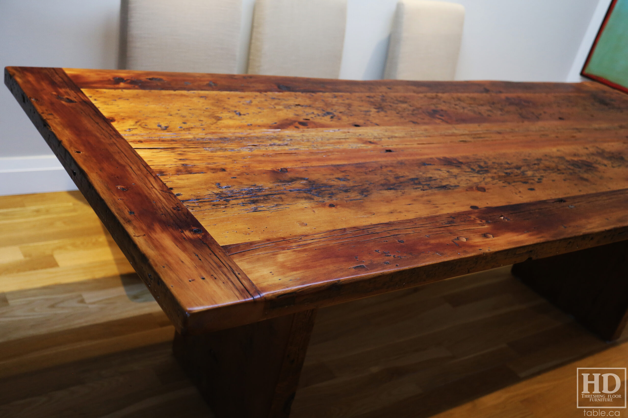 8' Ontario Barnwood Wood Table we made for an Oakville, Ontario home - 39" wide – Modern Plank Base – Reclaimed Old Growth Hemlock Threshing Floor Construction - Original edges & distressing maintained – Satin polyurethane finish [no epoxy filling] – www.table.ca