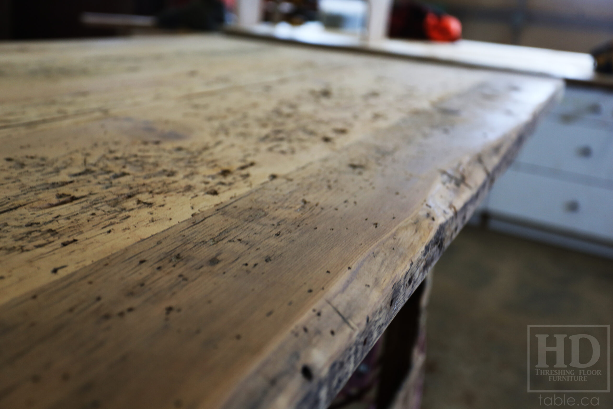 8' Ontario Barnwood Wood Table we made for an Oakville, Ontario home - 39" wide â€“ Modern Plank Base â€“ Reclaimed Old Growth Hemlock Threshing Floor Construction - Original edges & distressing maintained â€“ Satin polyurethane finish [no epoxy filling] â€“ www.table.ca