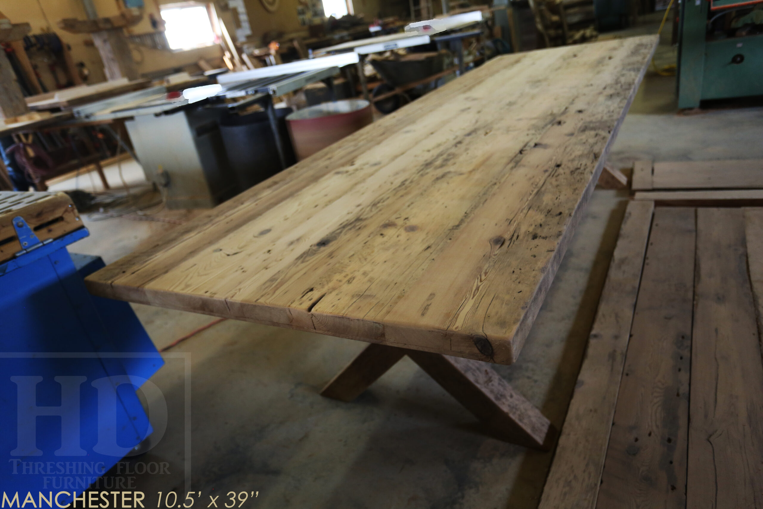 10.5' Ontario Barnwood table we made for a Chatham, Ontario Home - 39" wide - X Base -  2" Hemlock Threshing Floor Construction - Original barnwood edges & distressing maintained - Satin polyurethane finish [no epoxy] - www.table.ca