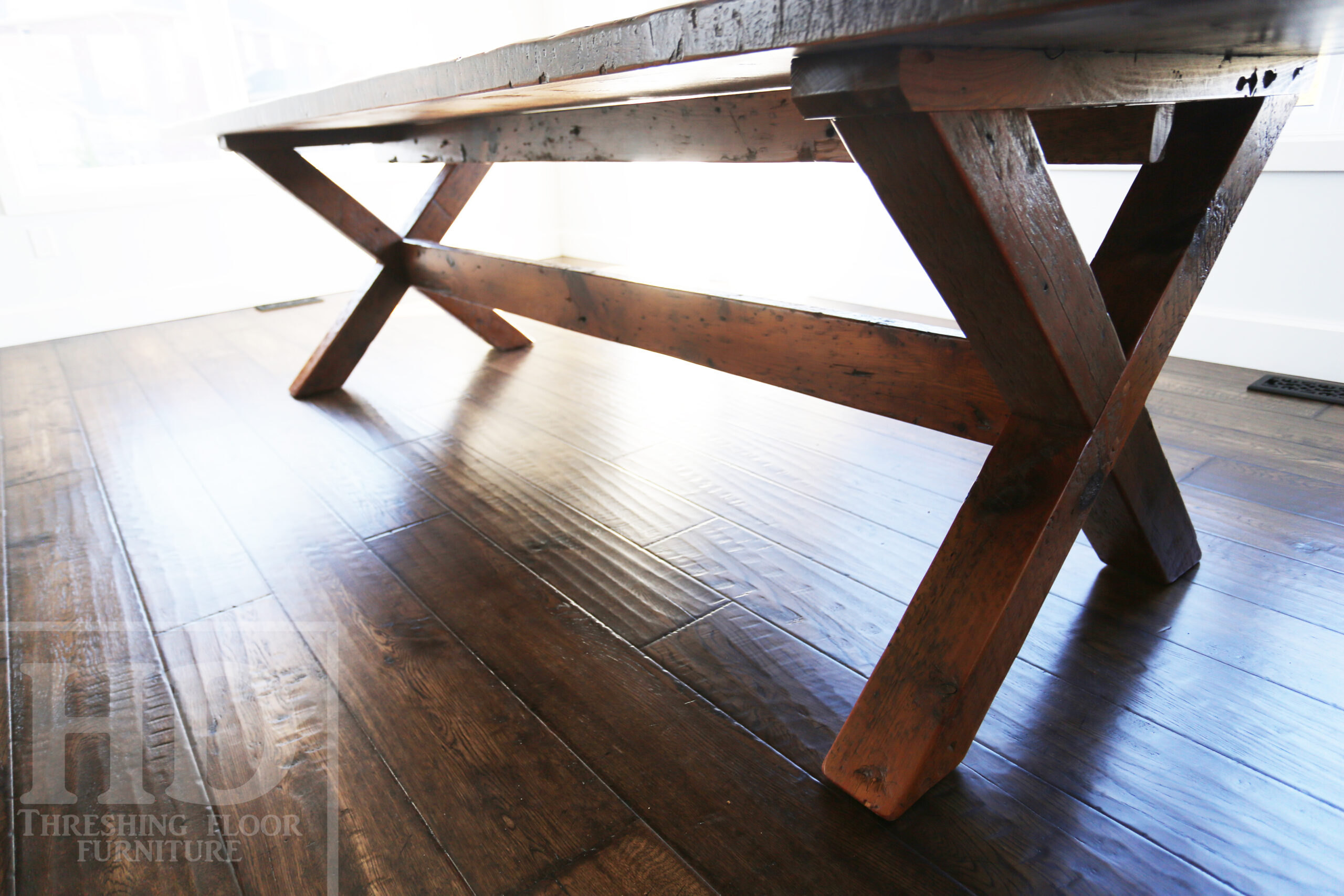 10.5' Ontario Barnwood table we made for a Chatham, Ontario Home - 39" wide - X Base -  2" Hemlock Threshing Floor Construction - Original barnwood edges & distressing maintained - Satin polyurethane finish [no epoxy] - www.table.ca