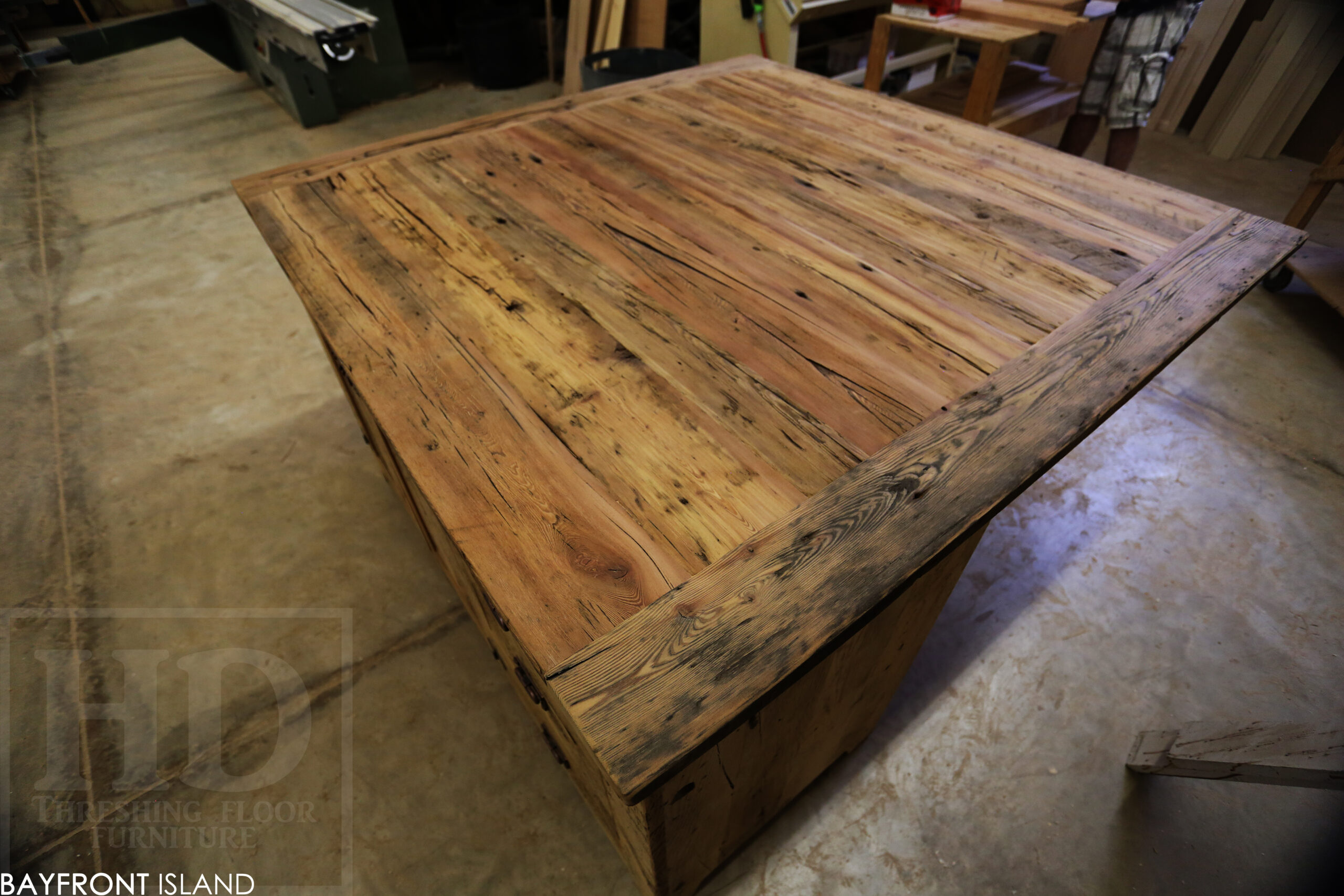 5’ x 5’ Ontario Barnwood Island - 36” height – Reclaimed Hemlock Threshing Floor & Grainery Board Construction – Mission Cast Brass Lee Valley Hardware – Original edges & distressing maintained – Pedestal Post to Support Overhang – www.table.ca
