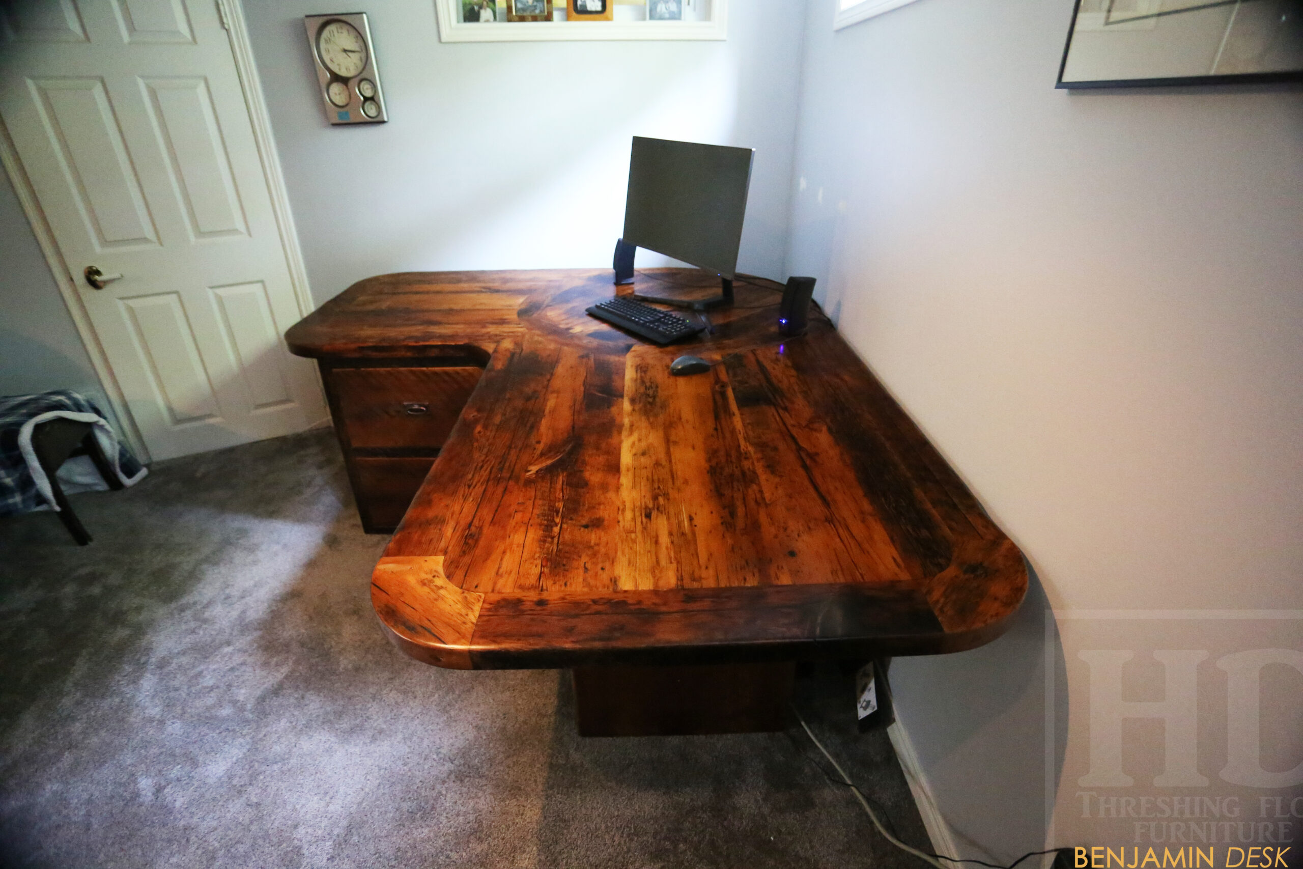 Ontario Barnwood L Shaped Desk we made for a Waterloo, Ontario home office - Reclaimed Hemlock Threshing Floor & Grainery Board Construction – 2 Drawers / Mission Cast Brass Lee Valley Hardware – Plank Post - Original edges & distressing maintained – Premium epoxy + satin polyurethane finish - www.table.ca