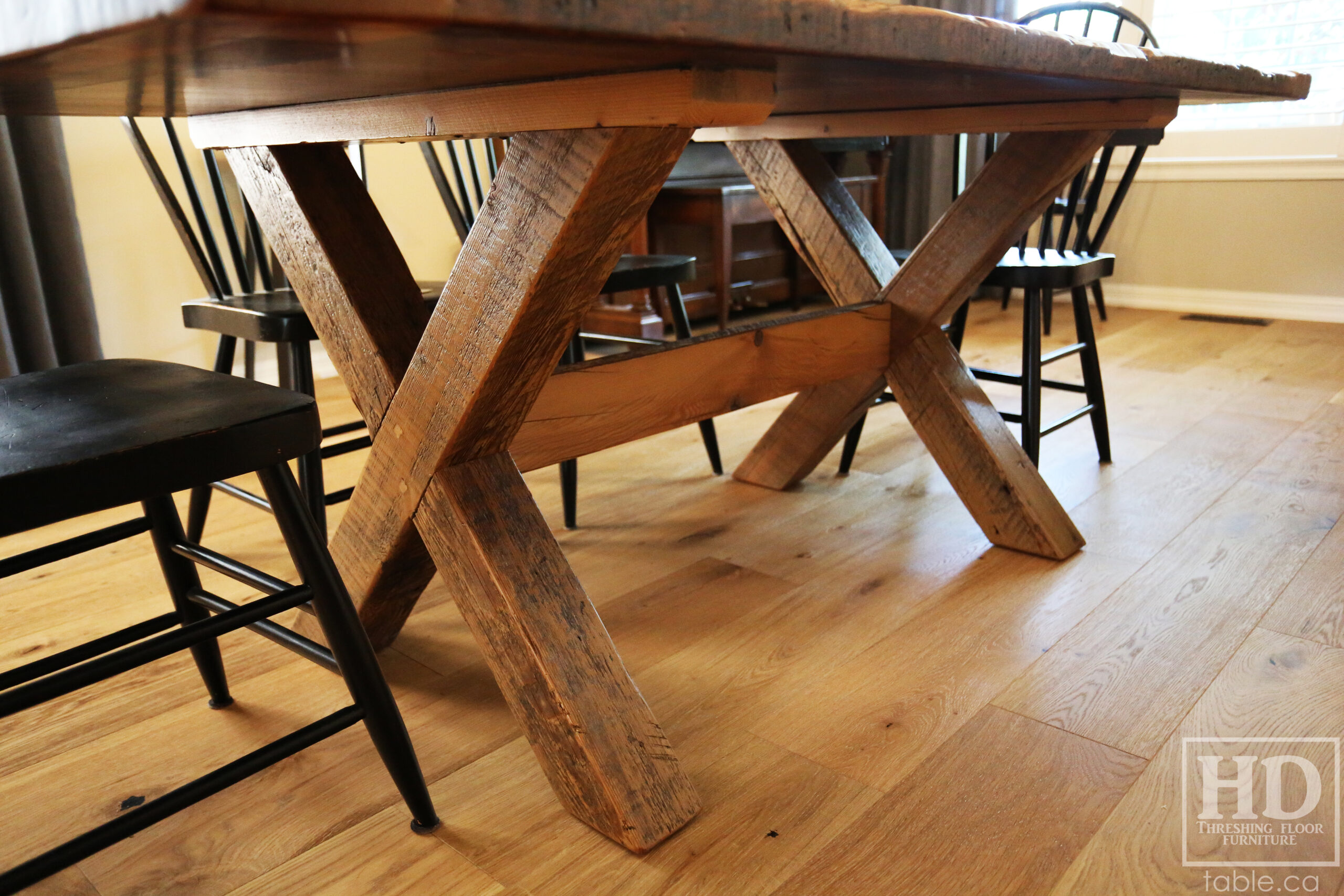 72” Reclaimed Ontario Barnwood Table we made for a Milton, Ontario home - 40” wide – Windbrace Beam Sawbuck X Base - Reclaimed Pine Threshing Floor Construction – Original edges & distressing maintained - Premium epoxy + Matte Option polyurethane finish – Greytone Treatment Option – One 18” Leaf Extension - www.table.ca