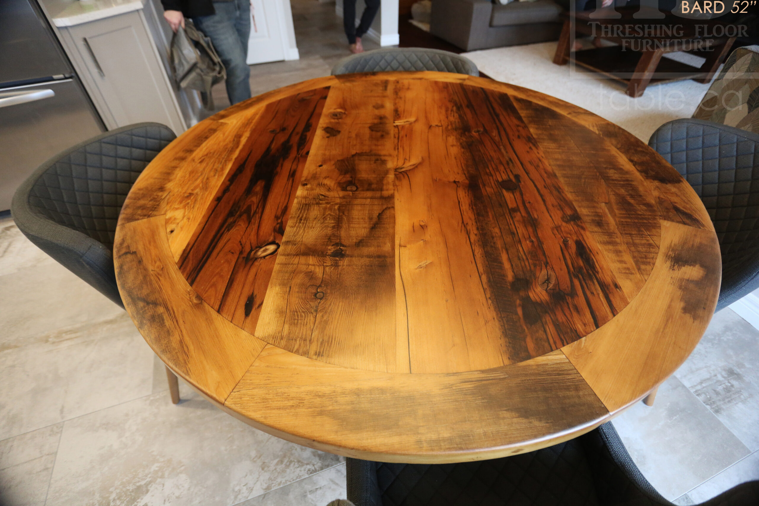 52â€ Ontario Barnwood Table â€“ Hand-Hewn Beam Pedestal Base â€“ Hemlock Threshing Floor Construction â€“ Original edges & distressing maintained â€“ Premium epoxy + matte polyurethane finish / www.table.ca